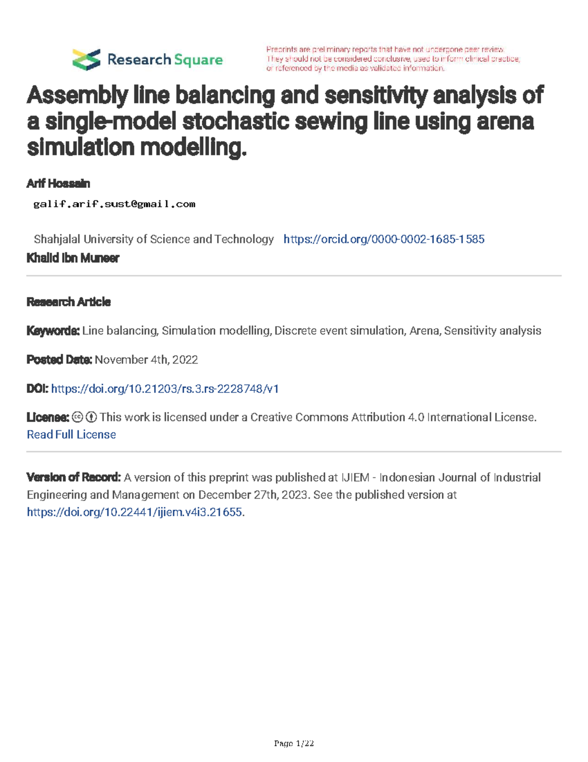 Assembly Line Balancing & Sensitivity Analysis: A Stochastic Sewing ...