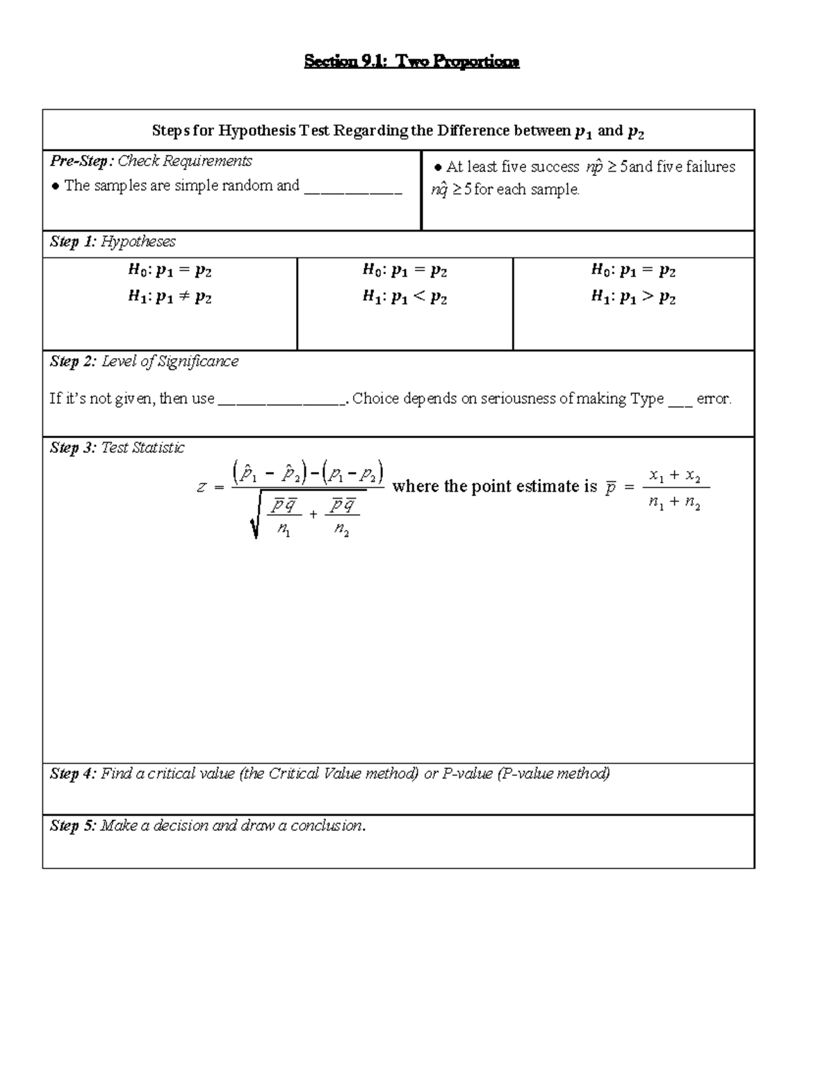 Section 9.1: Hypothesis Testing for Two Proportions - Skeletal Notes ...