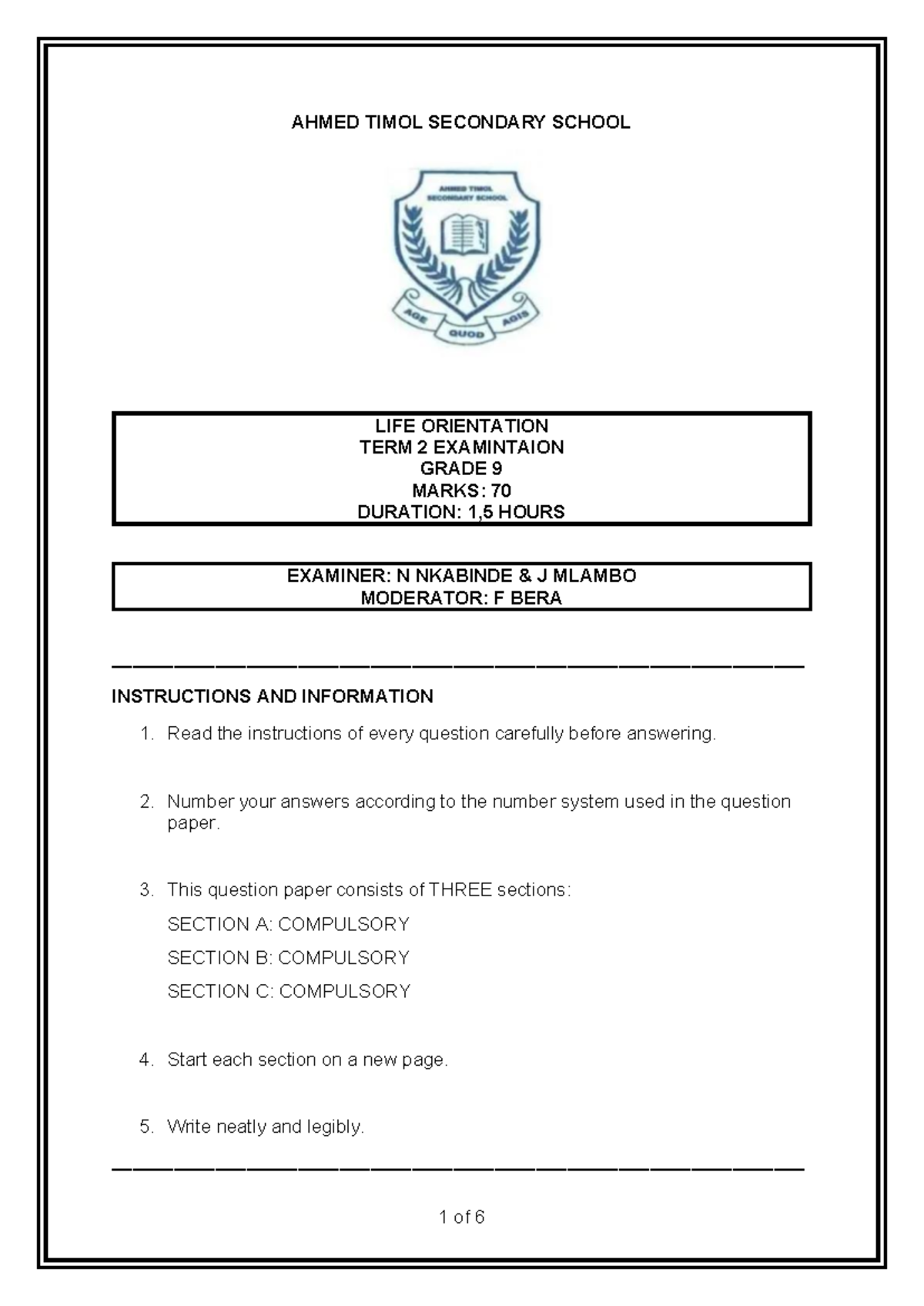 LO Grade 9 Term 2 Examination Paper - Ahmed Timol Secondary School ...