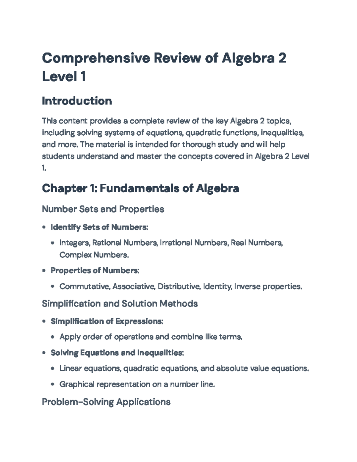 Algebra 2 Level 1 Comprehensive Review and Problem Solving Techniques ...