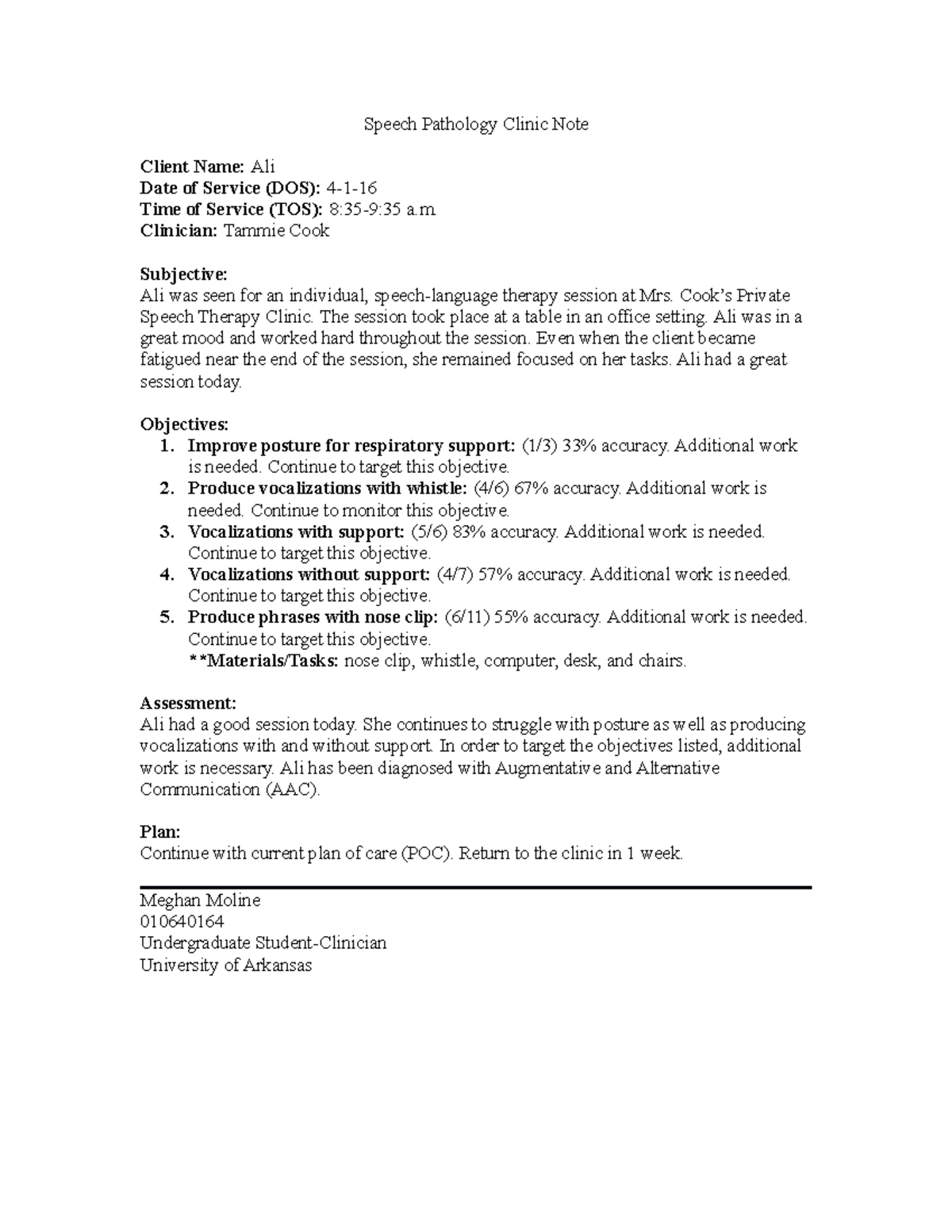 SOAP#7 - Completed Speech Pathology Therapy Note for Client Ali - Studocu