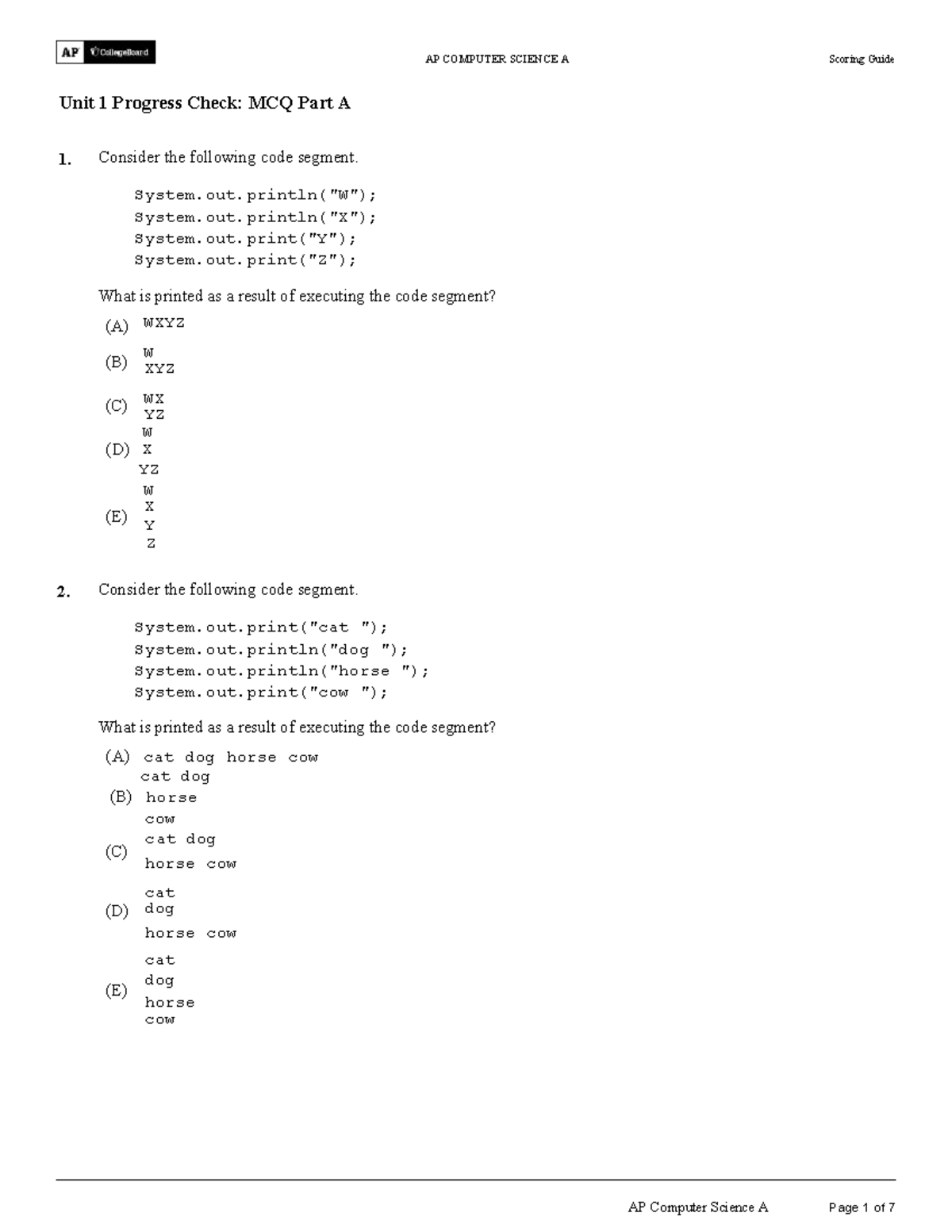 APCS A Unit 1 Progress Check: MCQ Part A & B Answers - Studocu