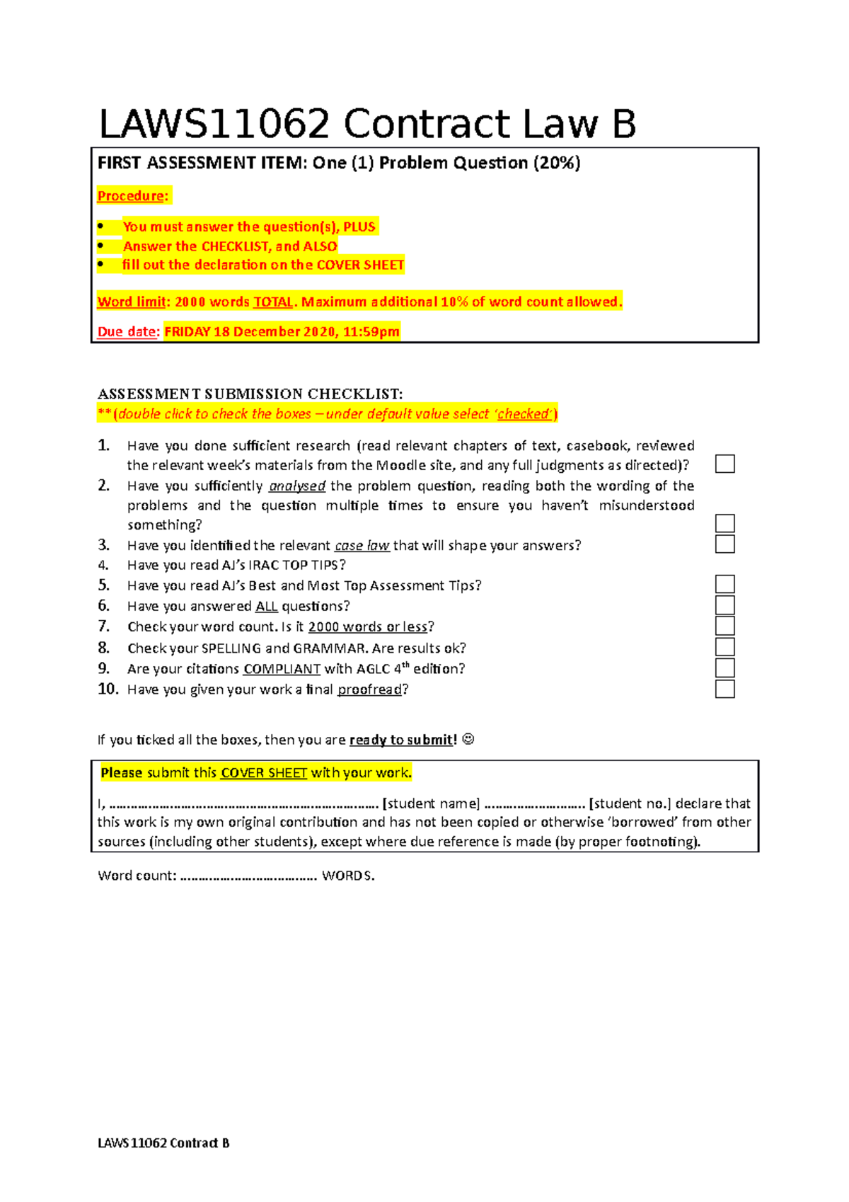 LAWS11062 Contract Law B - First Assessment Problem Question Guide ...
