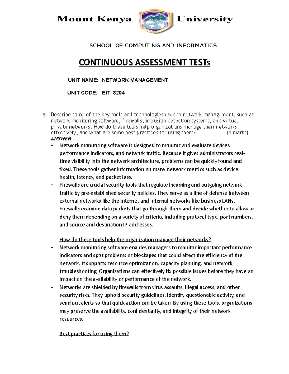 BIT3204 Network Management Continuous Assessment Test - Sep Dec 2023 ...