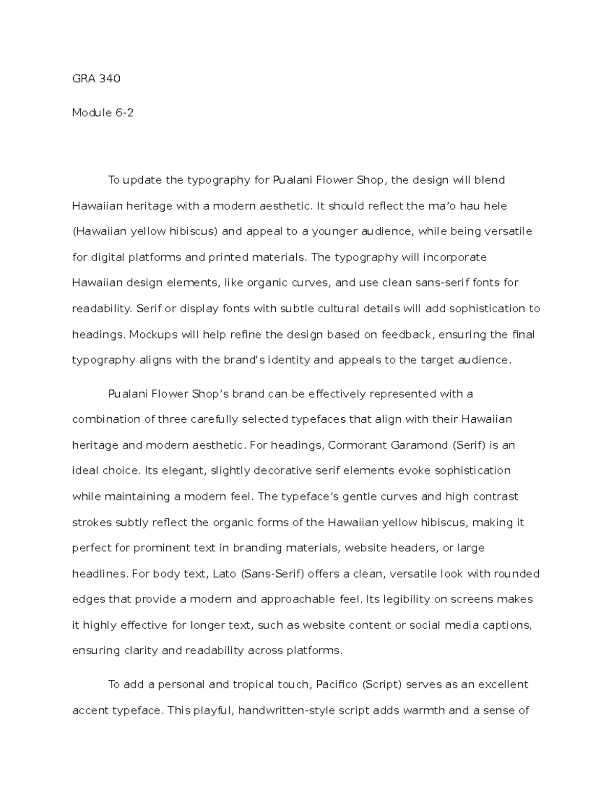 GRA 340 Module 6-2 - Pualani Flower Shop Typography Assignment - Studocu