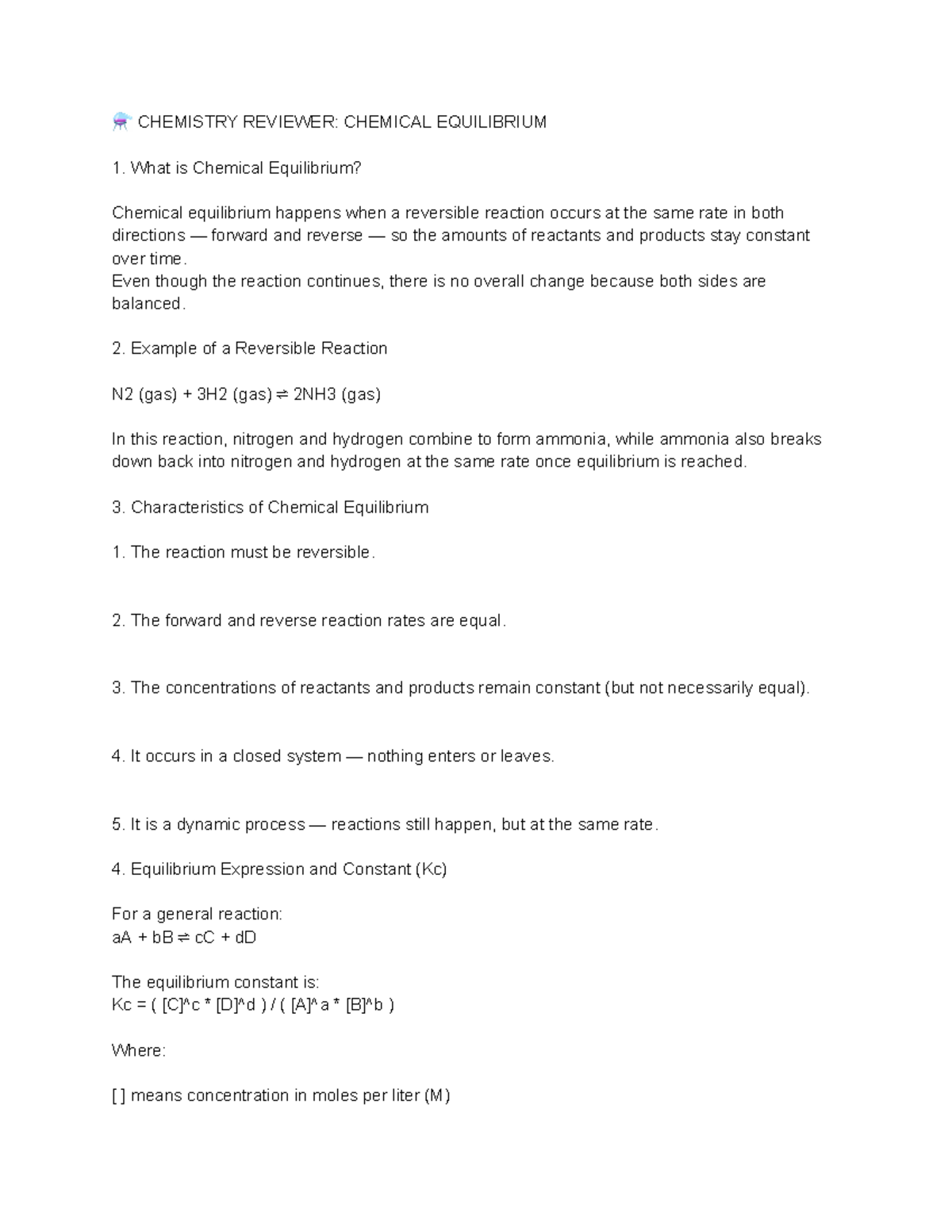 CHEM 101: Chemical Equilibrium Study Guide - Studocu