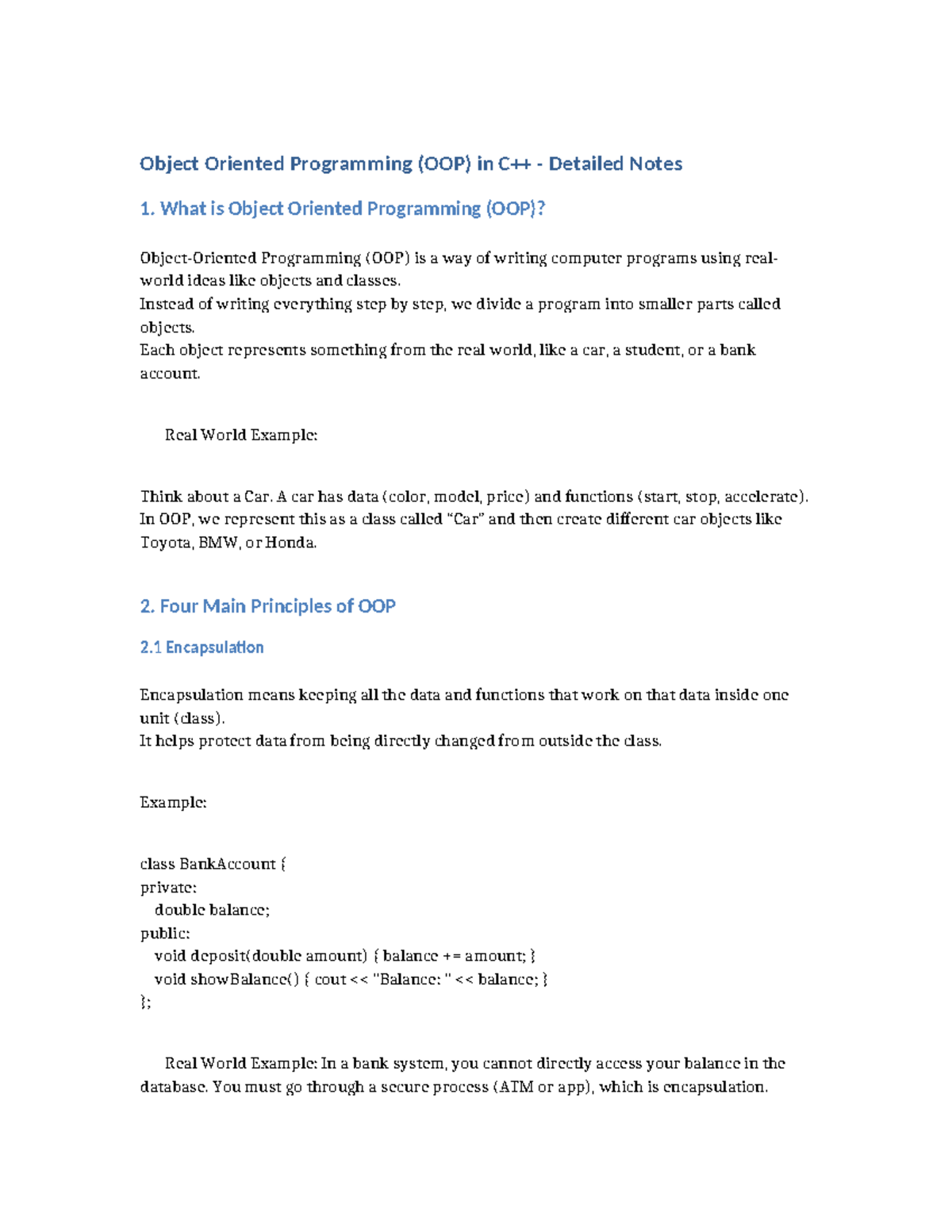 OOP with C++: Detailed Notes on Object Oriented Programming - Studocu