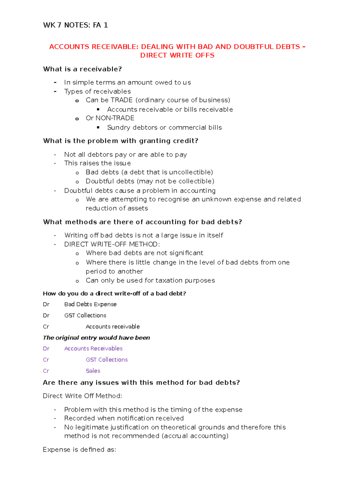 Week 7 Lecture Notes - Accounts Receivable: Bad & Doubtful Debts - Studocu