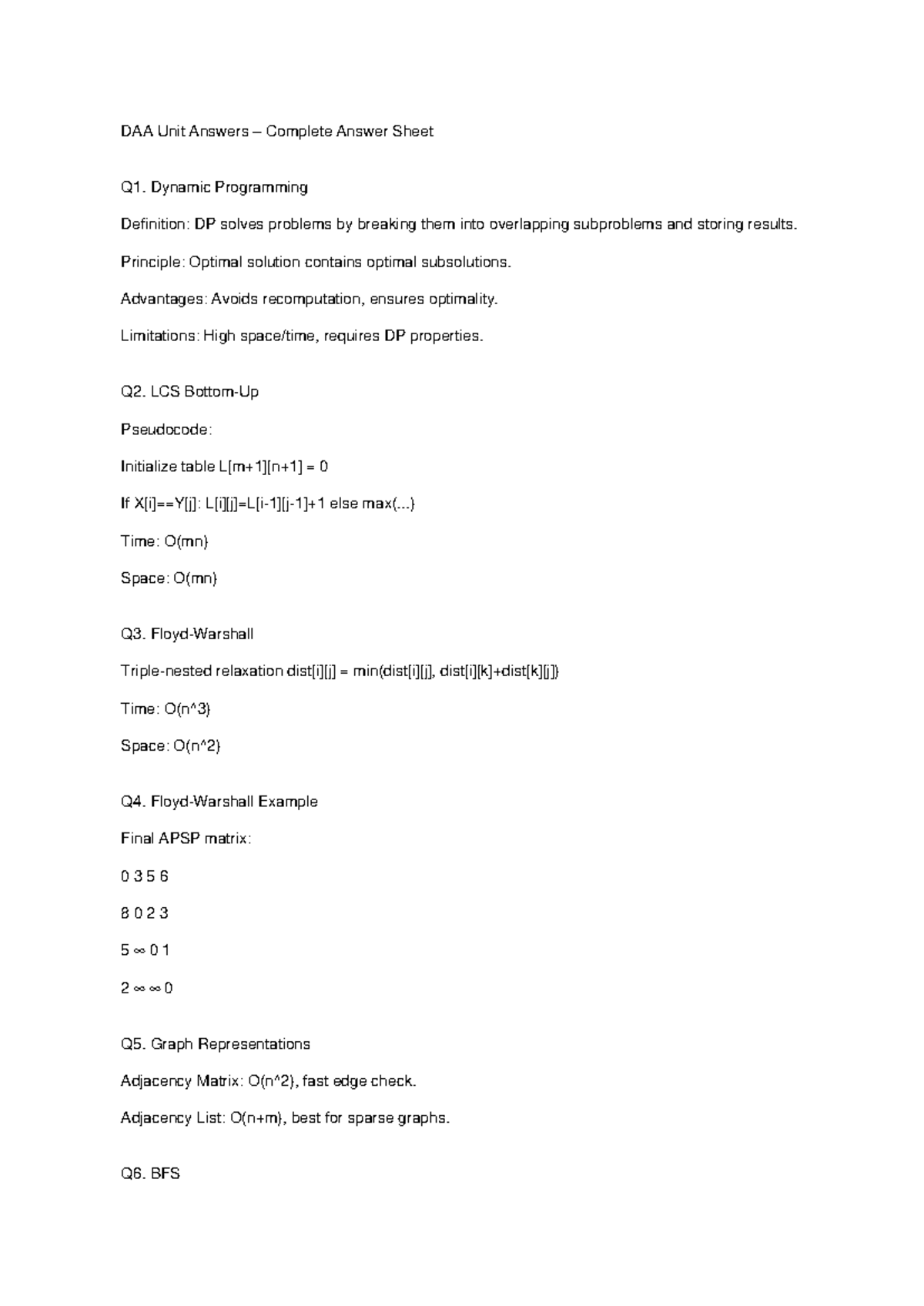 DAA Unit 4 Complete Answer Sheet for Dynamic Programming & Graphs - Studocu