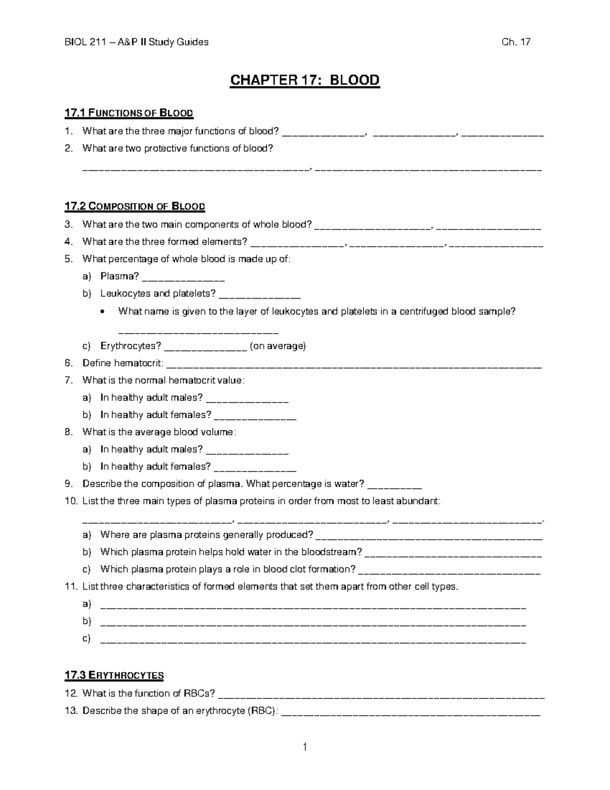 BIOL 211 – A&P II Study Guide: Chap 17 - Blood Functions & Composition ...