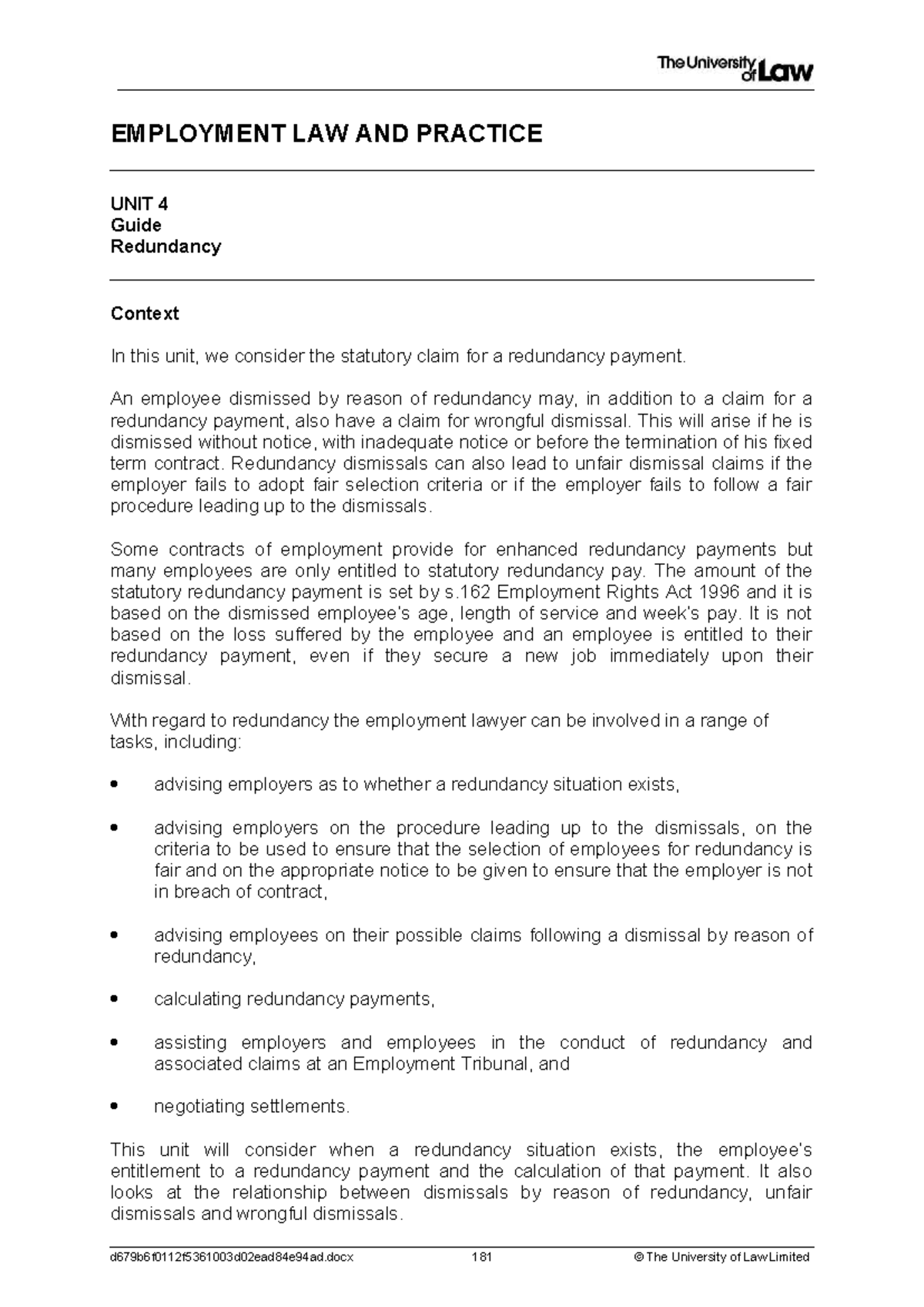 EMPLOYMENT LAW AND PRACTICE UNIT 4: Redundancy Claims Guide - Studocu