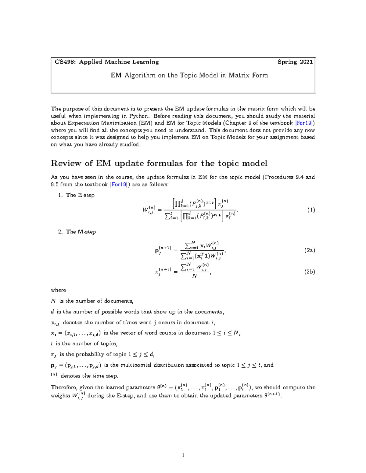 CS498: EM Algorithm Update Formulas for Topic Models in Python - Studocu