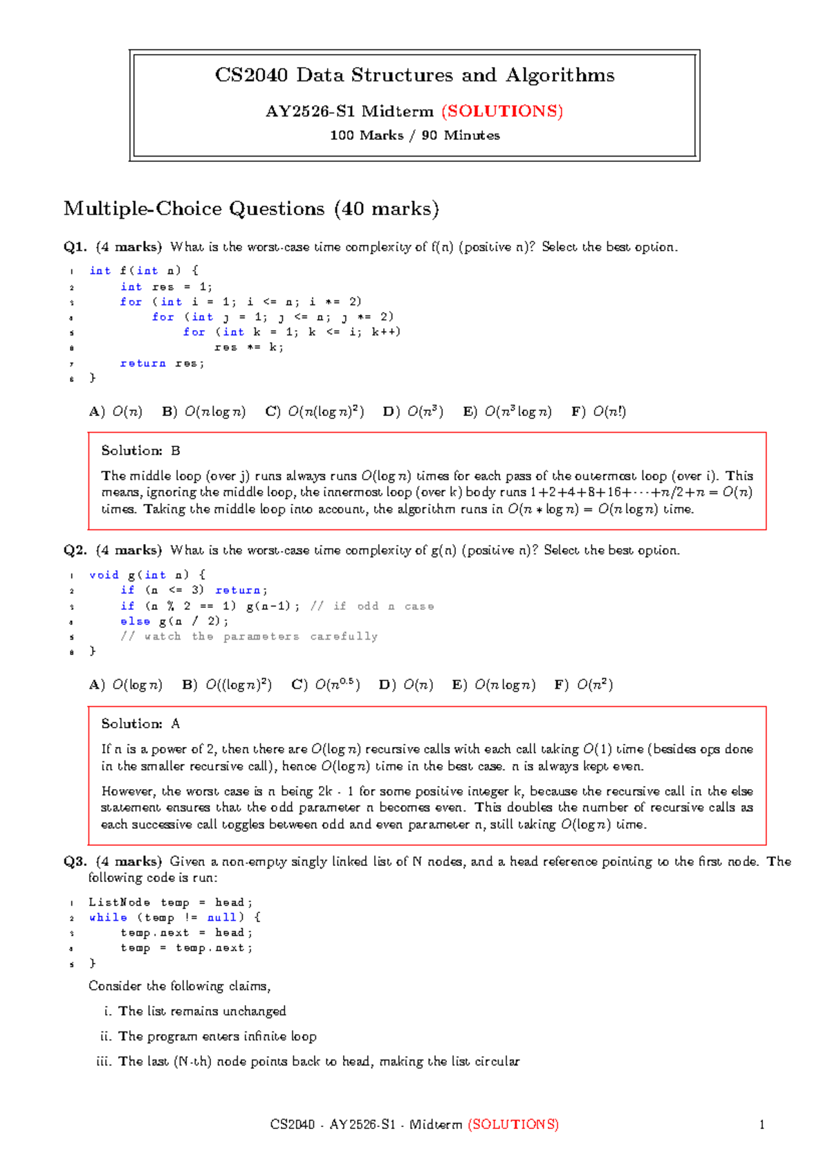 CS2040 Data Structures and Algorithms Midterm Solutions Cheat Sheet ...