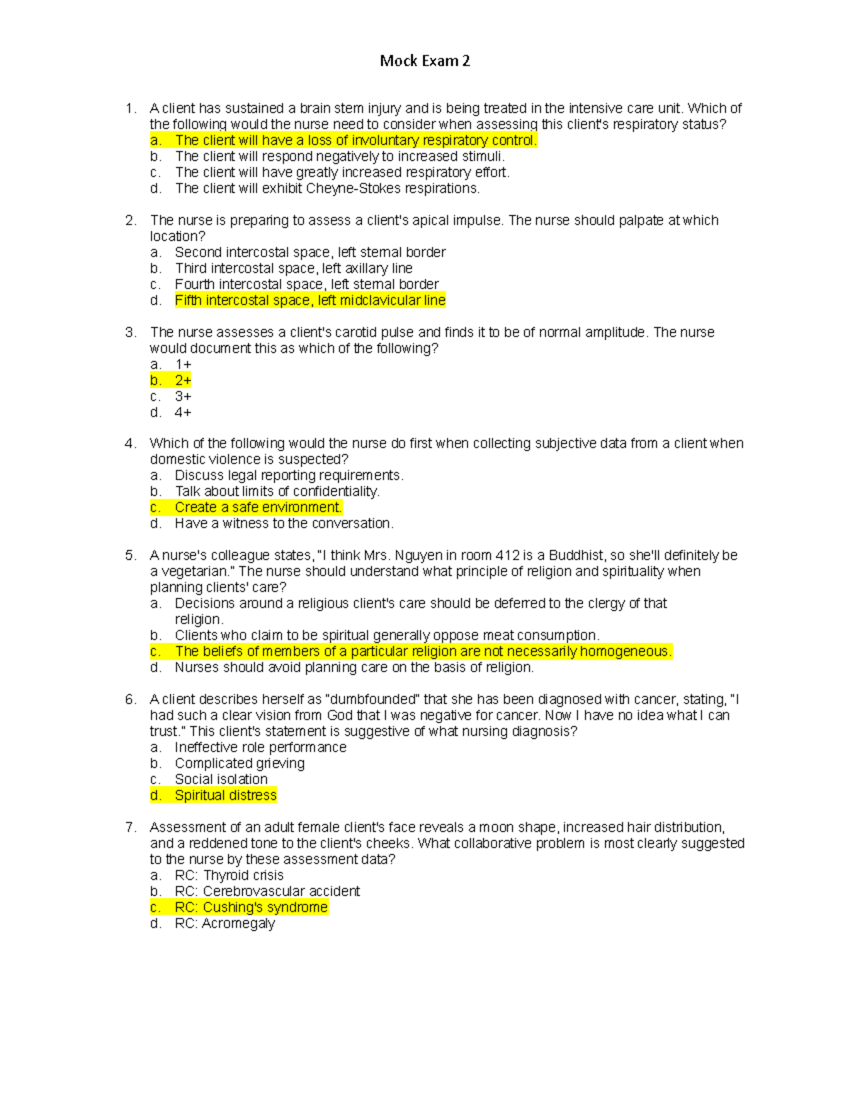 Mock Exam 2 Study Guide for Nursing Assessments and Techniques - Studocu