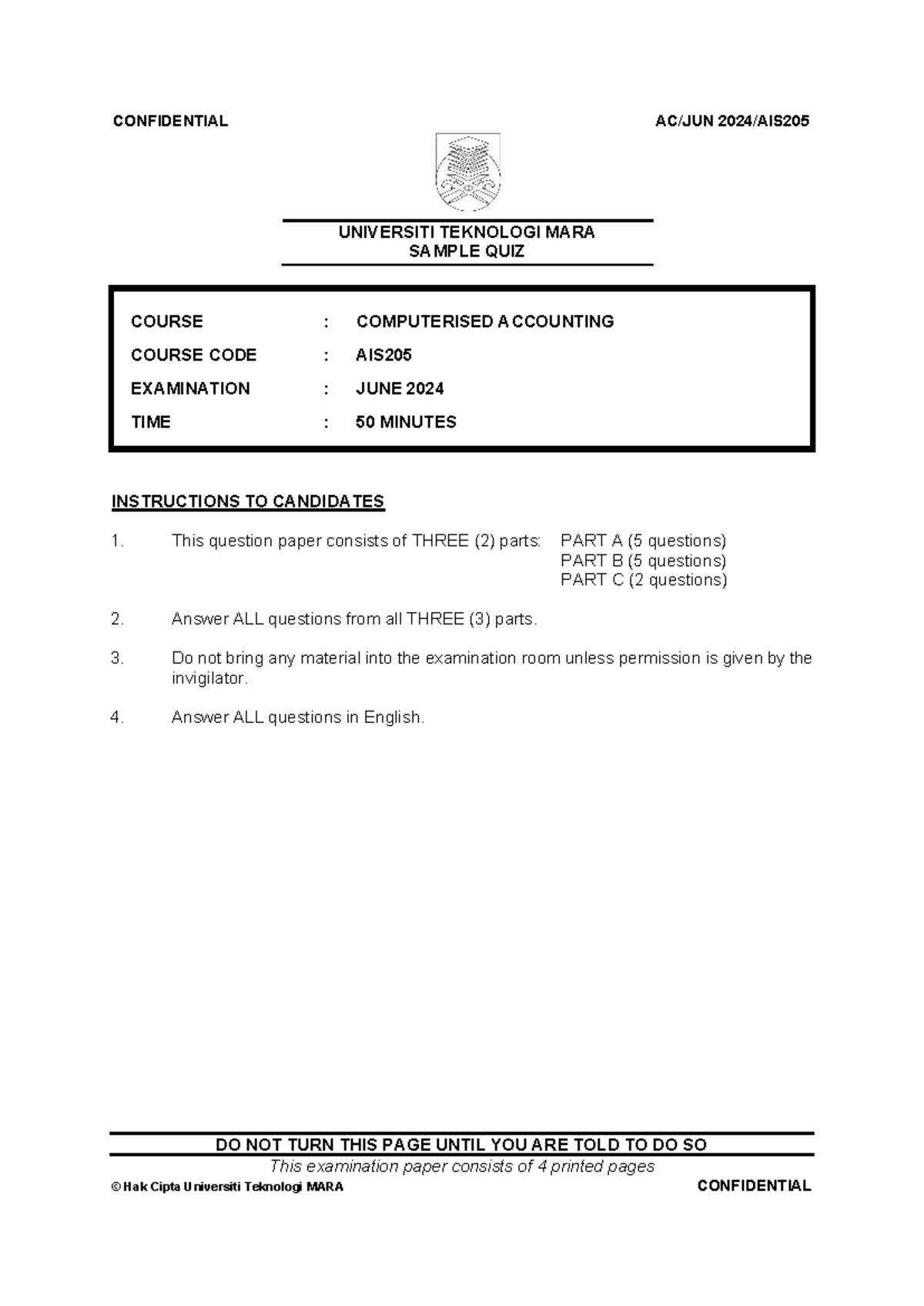 Sample Quiz AIS205: Computerized Accounting Examination June 2024 - Studocu