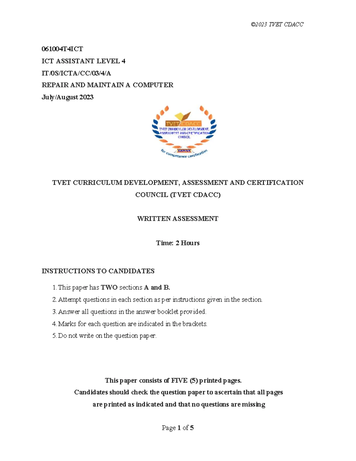 ICT CAT EXAM - Comprehensive Revision Questions & Answers - Studocu