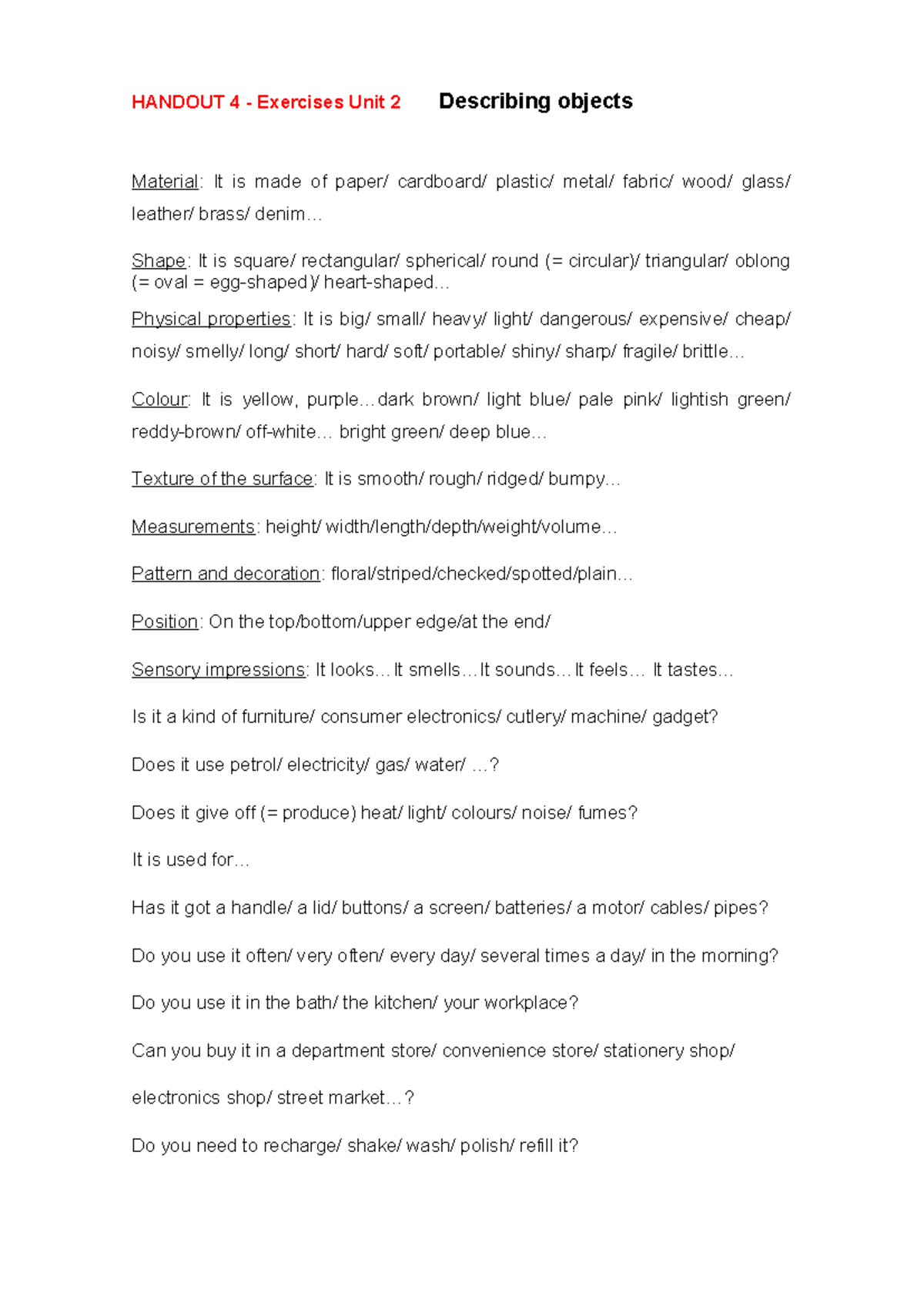 Handout 4b - with answers - HANDOUT 4 - Exercises Unit 2 Describing ...