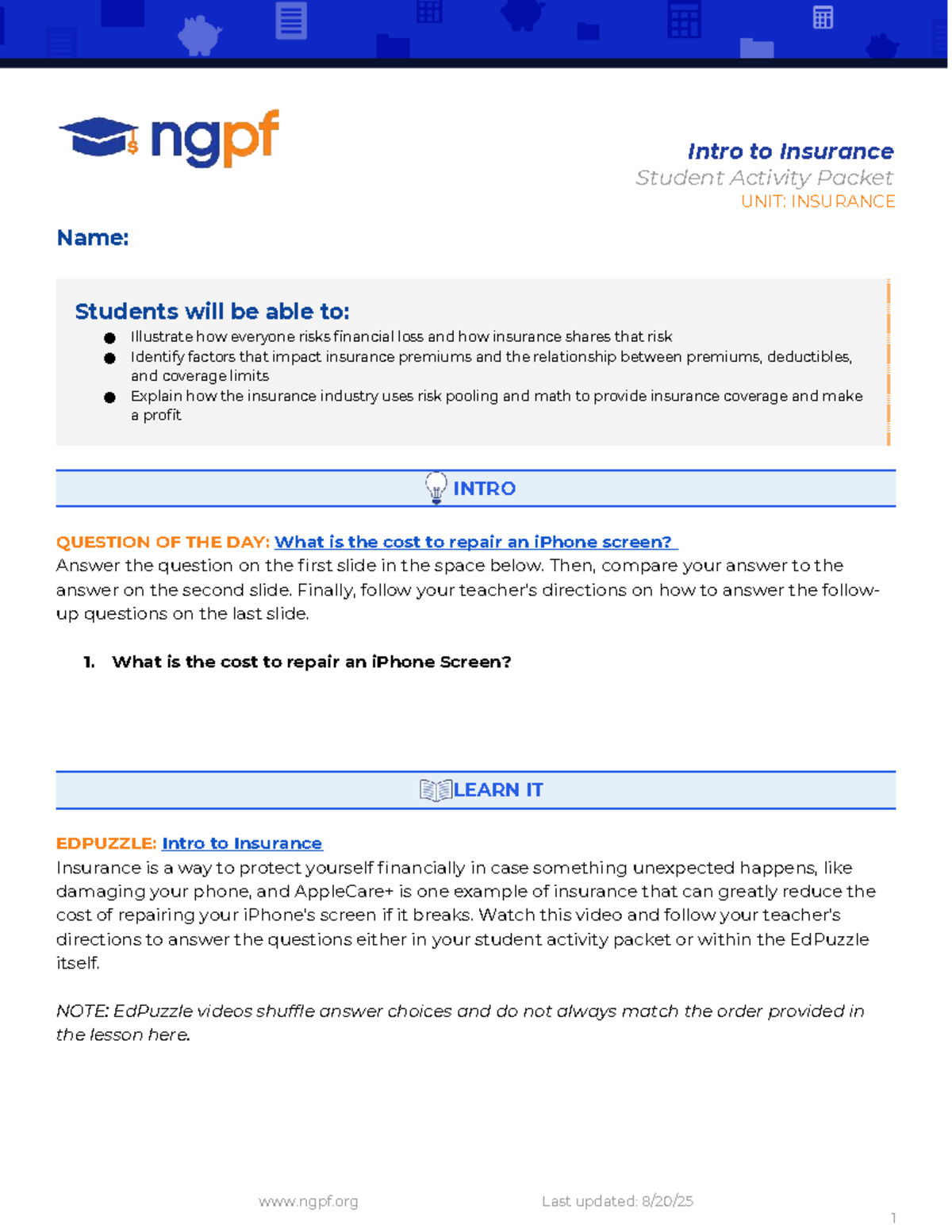 INS 101: Intro to Insurance Student Activity Packet - Studocu