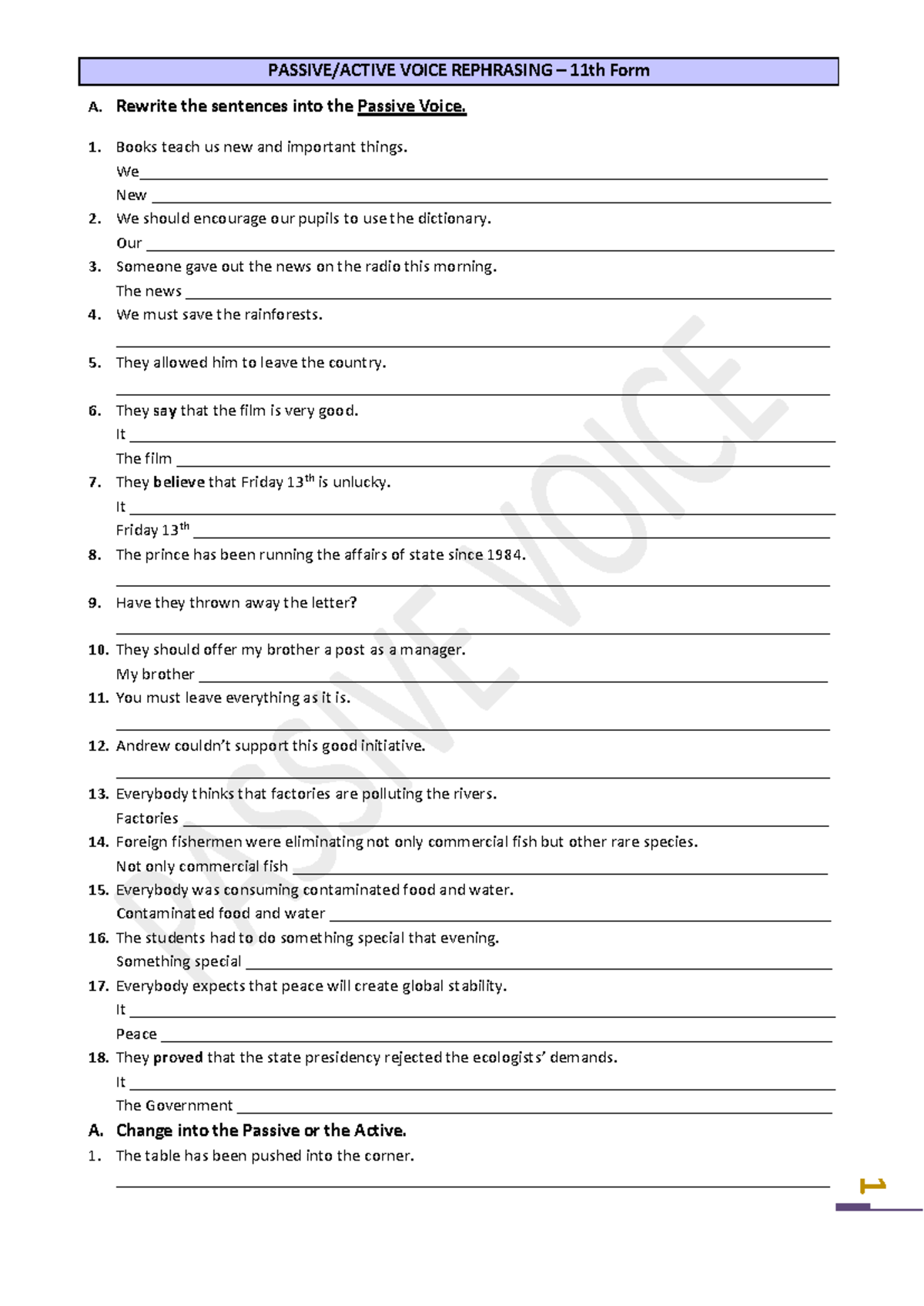 Passive Voice Exercises for 11th Form A: Rephrasing Practice - Studocu
