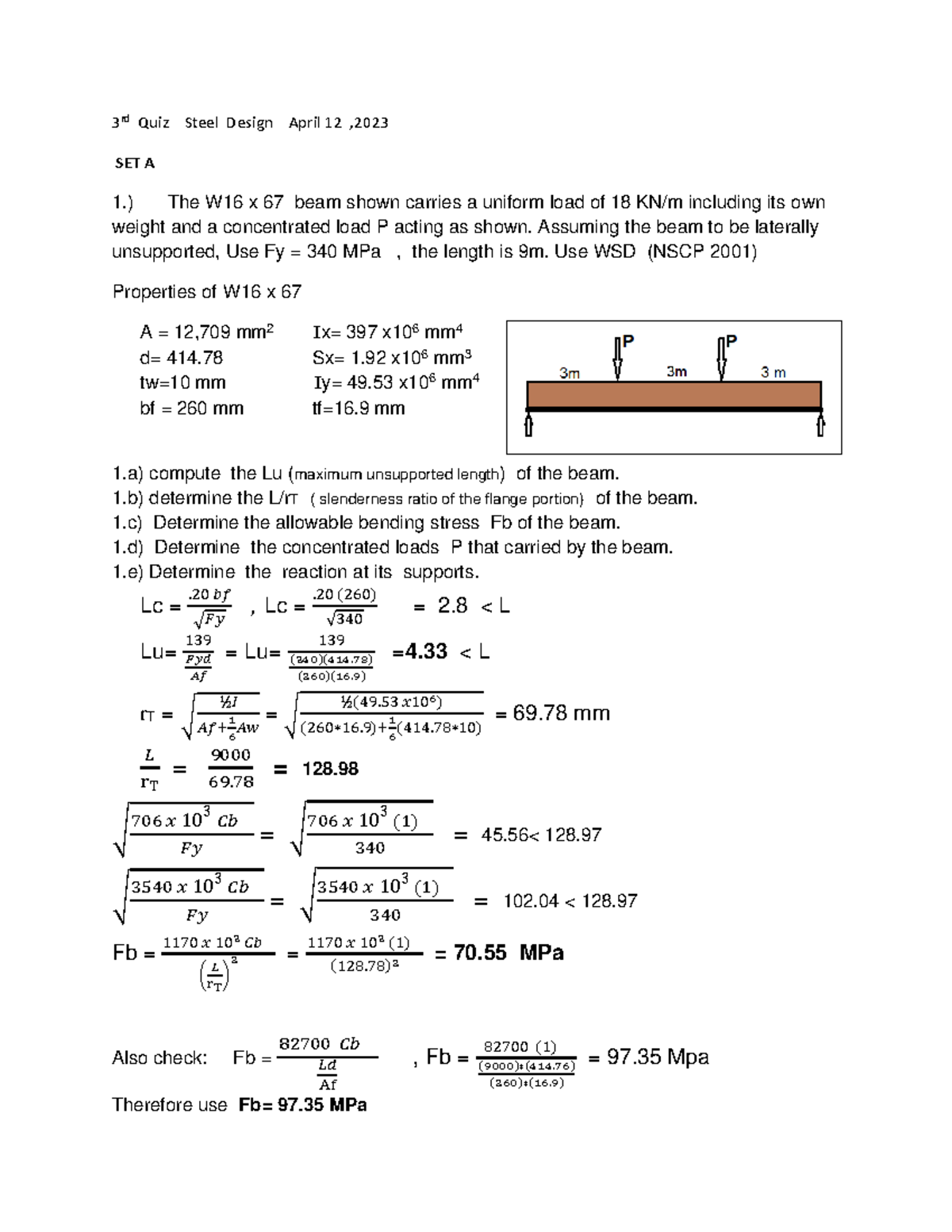 Quiz 3 - Steel Design Concepts & Calculations - April 12, 2023 - Studocu