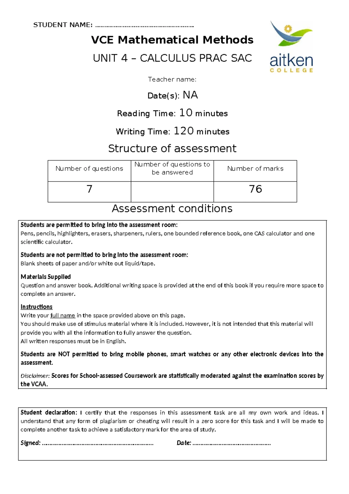 Mathematical Methods 12 MM 2021 SAC Solutions Marking Scheme - Studocu