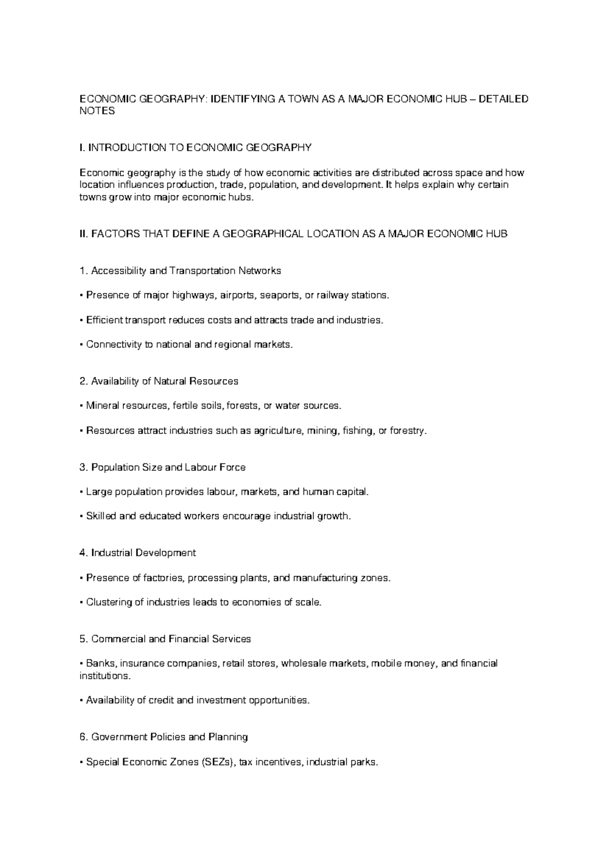 ECON 101: Economic Geography - Major Economic Hubs Detailed Notes - Studocu