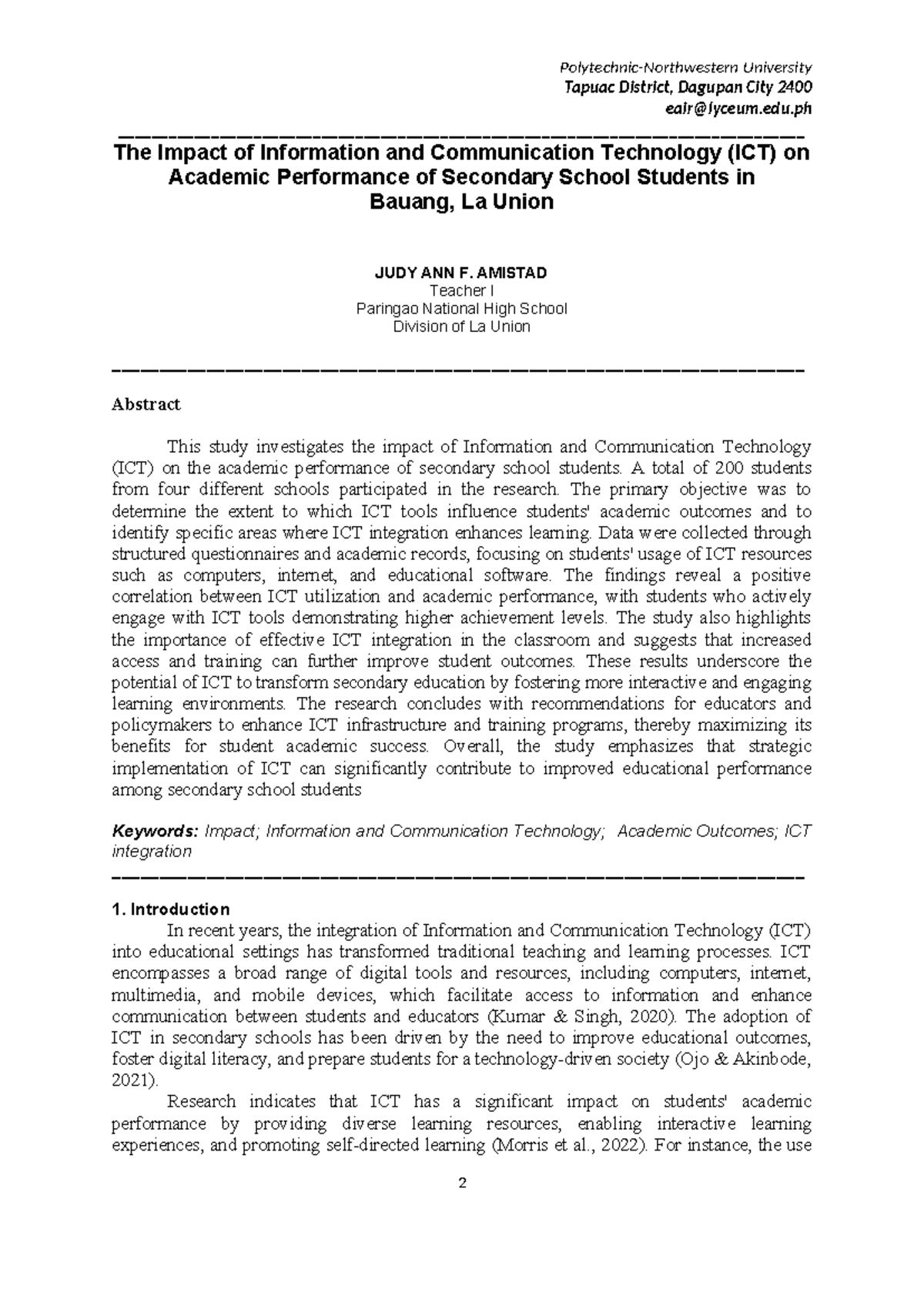 The Impact of ICT on Academic Performance of Secondary Students (EDU ...