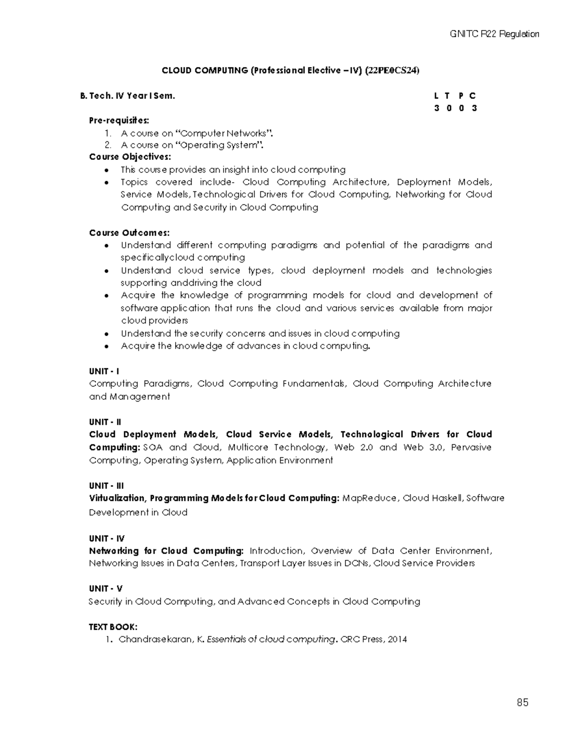 GNITC R22 Cloud Computing Syllabus (22PE0CS24) - B. Tech IV Year - Studocu