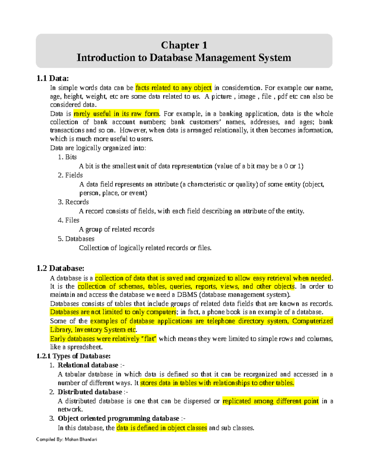 Chapter 1: Introduction to Database Management System (DBMS) - Studocu