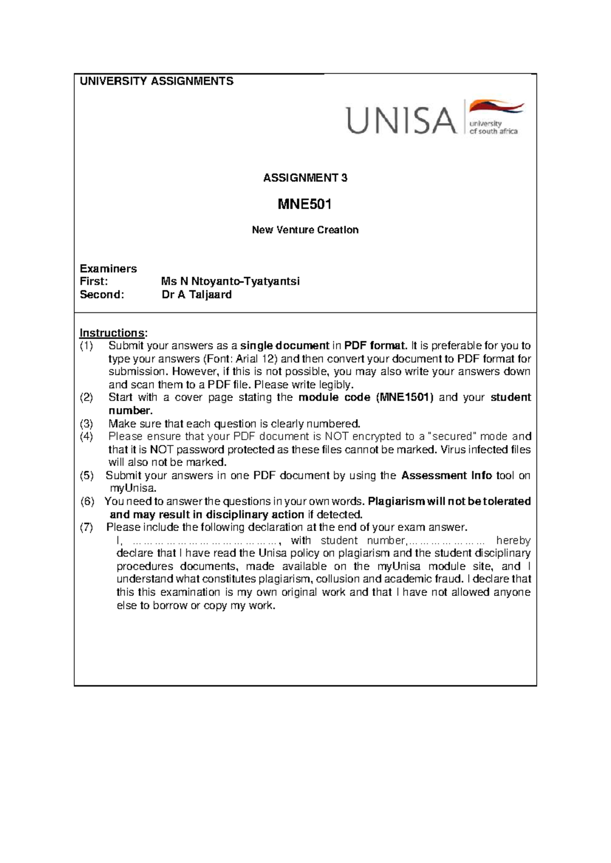MNE501 Assignment 3: New Venture Creation Guidelines and Questions ...