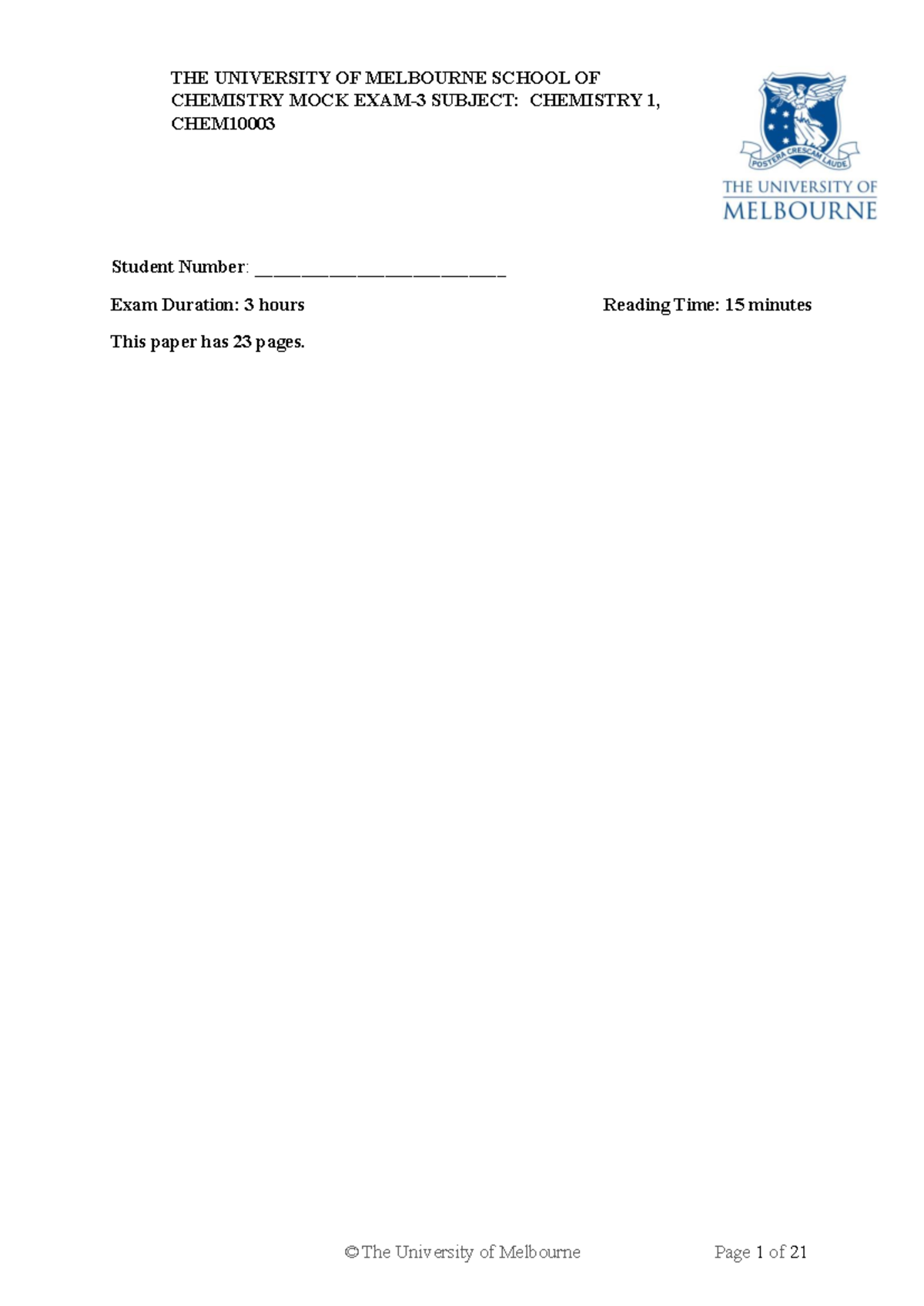 CHEM10003 Mock Exam 3 - Comprehensive Chemistry Practice Test - Studocu