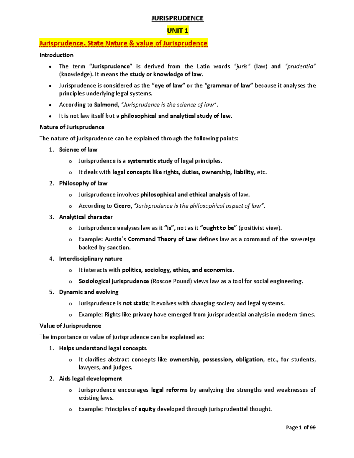 JURISPRUDENCE UNIT 1: Nature and Value of Jurisprudence - Studocu
