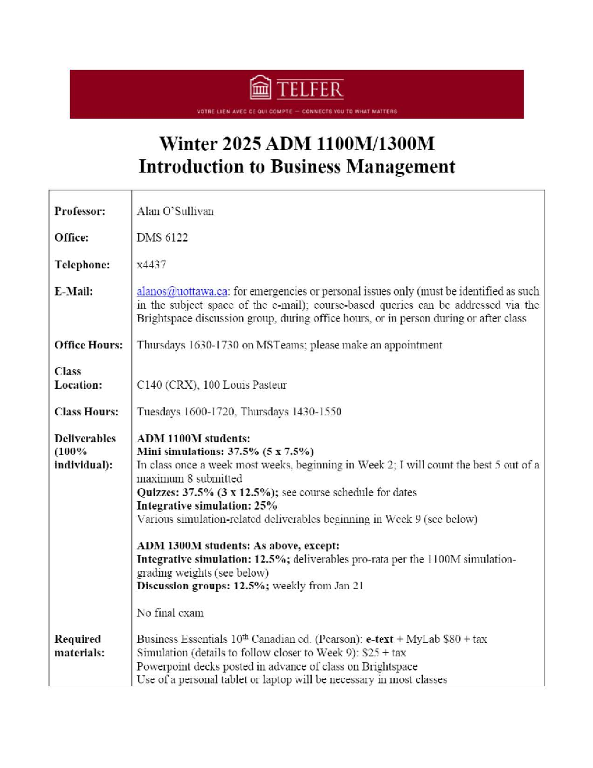 ADM 1100 Course Outline: Introduction to Business Management Winter ...