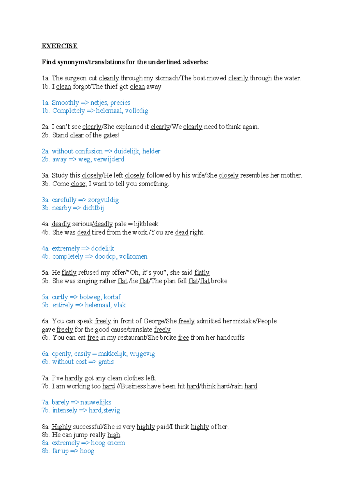 Adverbs and adverbials - classex - EXERCISE Find synonyms/translations ...