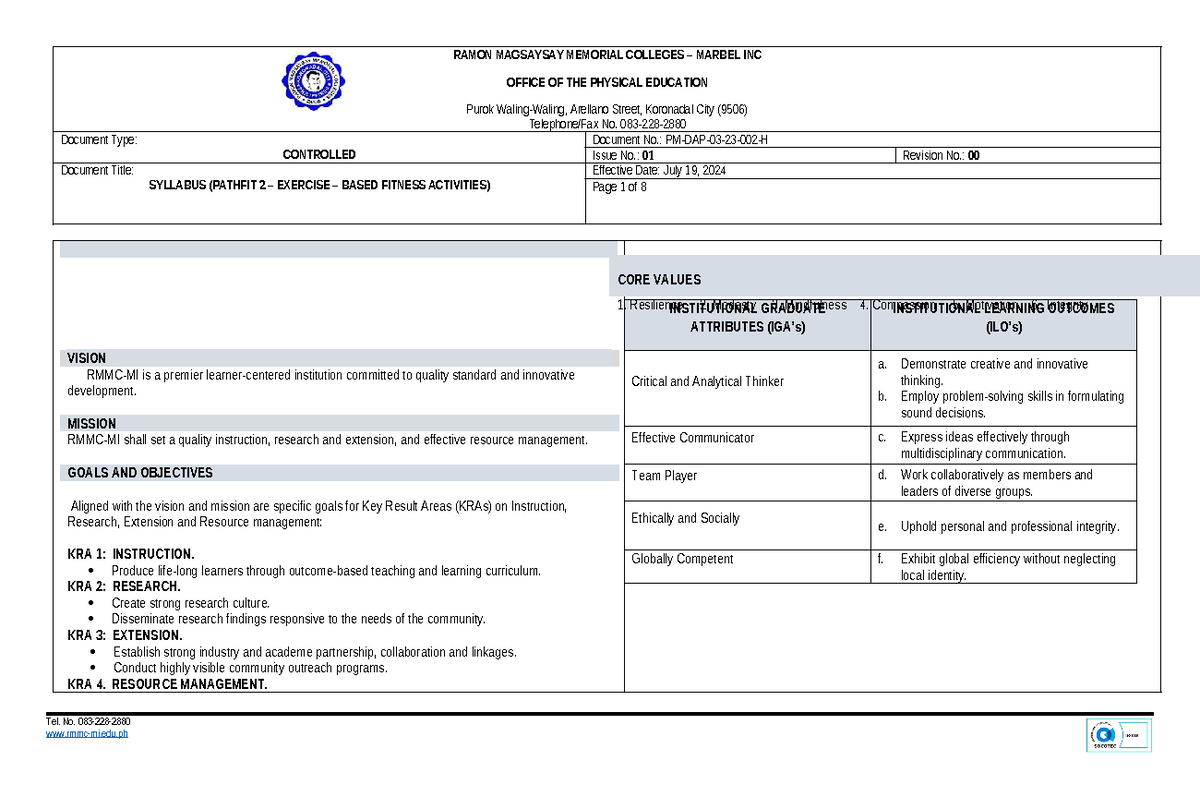 PATHFIT 2 Syllabus: Exercise-Based Fitness Activities Overview - Studocu