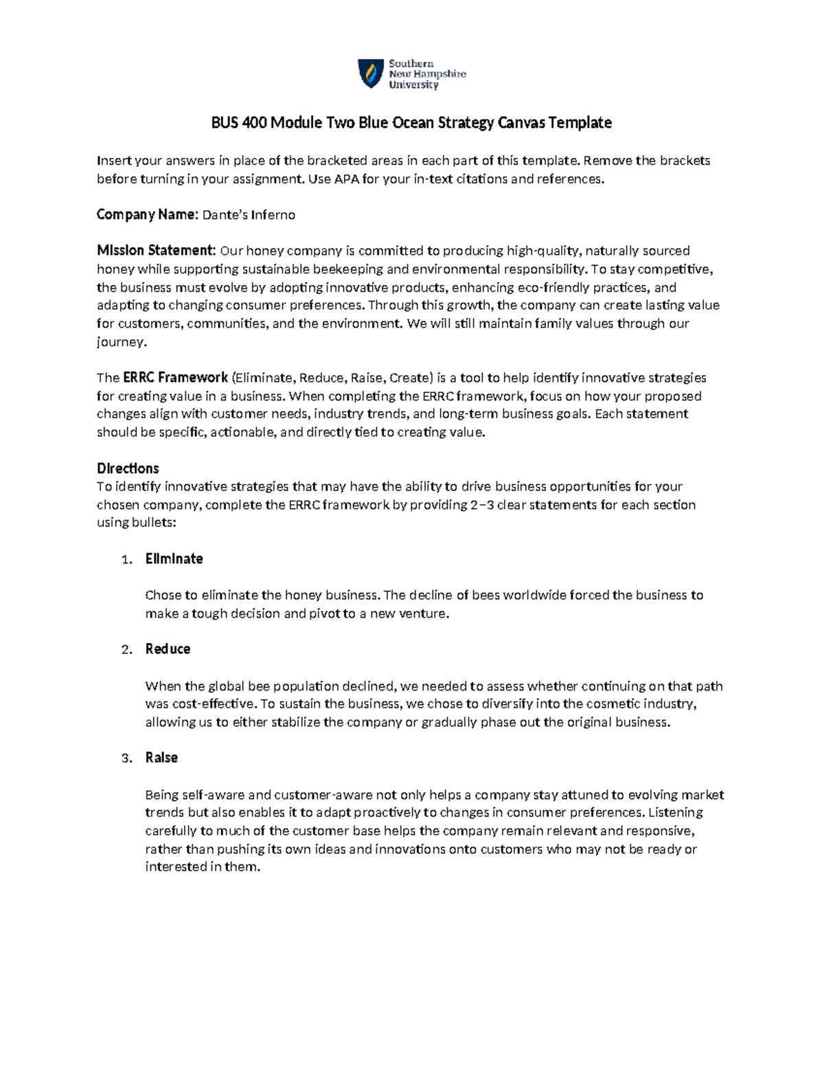BUS 400 Blue Ocean Strategy Canvas: ERRC Framework for Inferno - Studocu