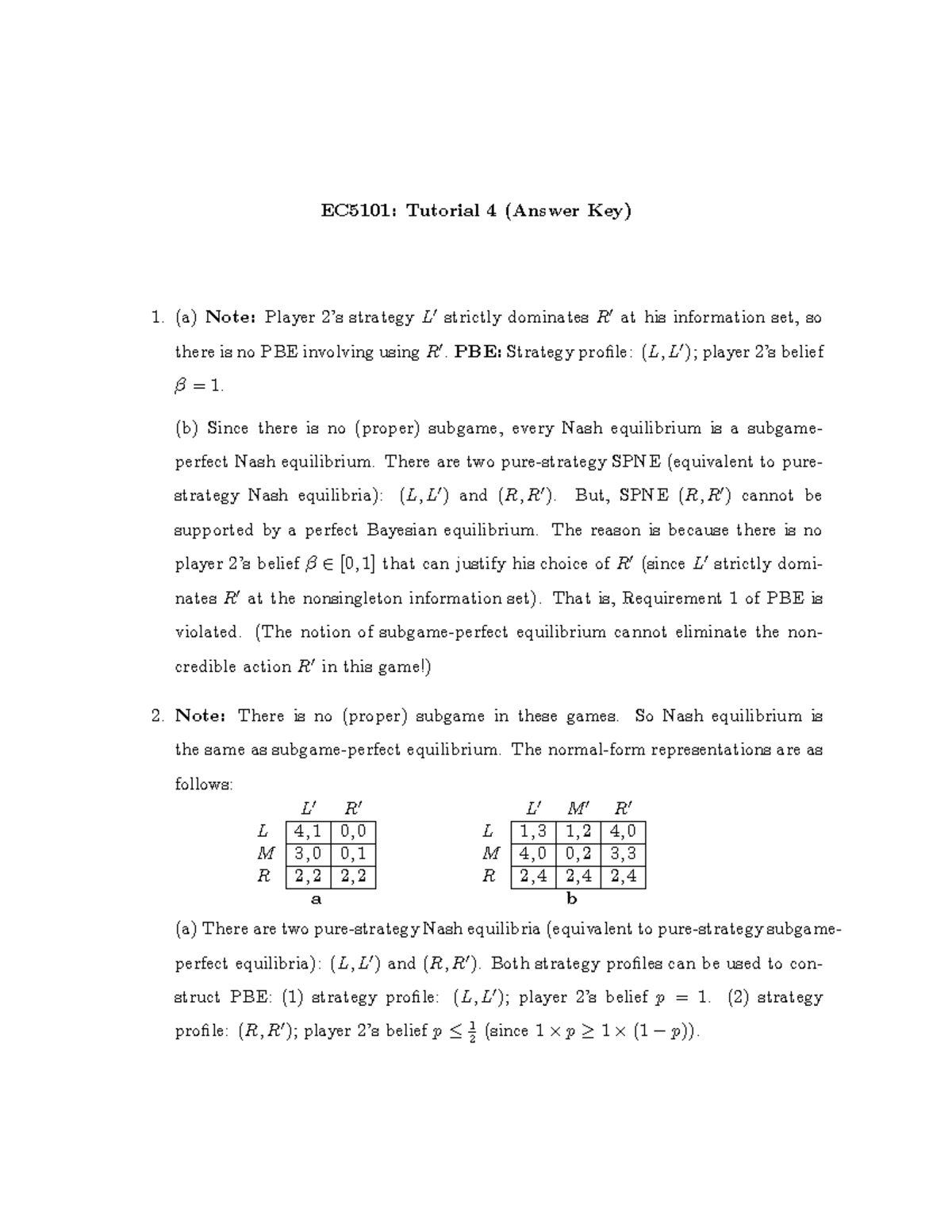 EC5101-Tutorial 4 Answer Key - Game Theory Concepts Explained - Studocu