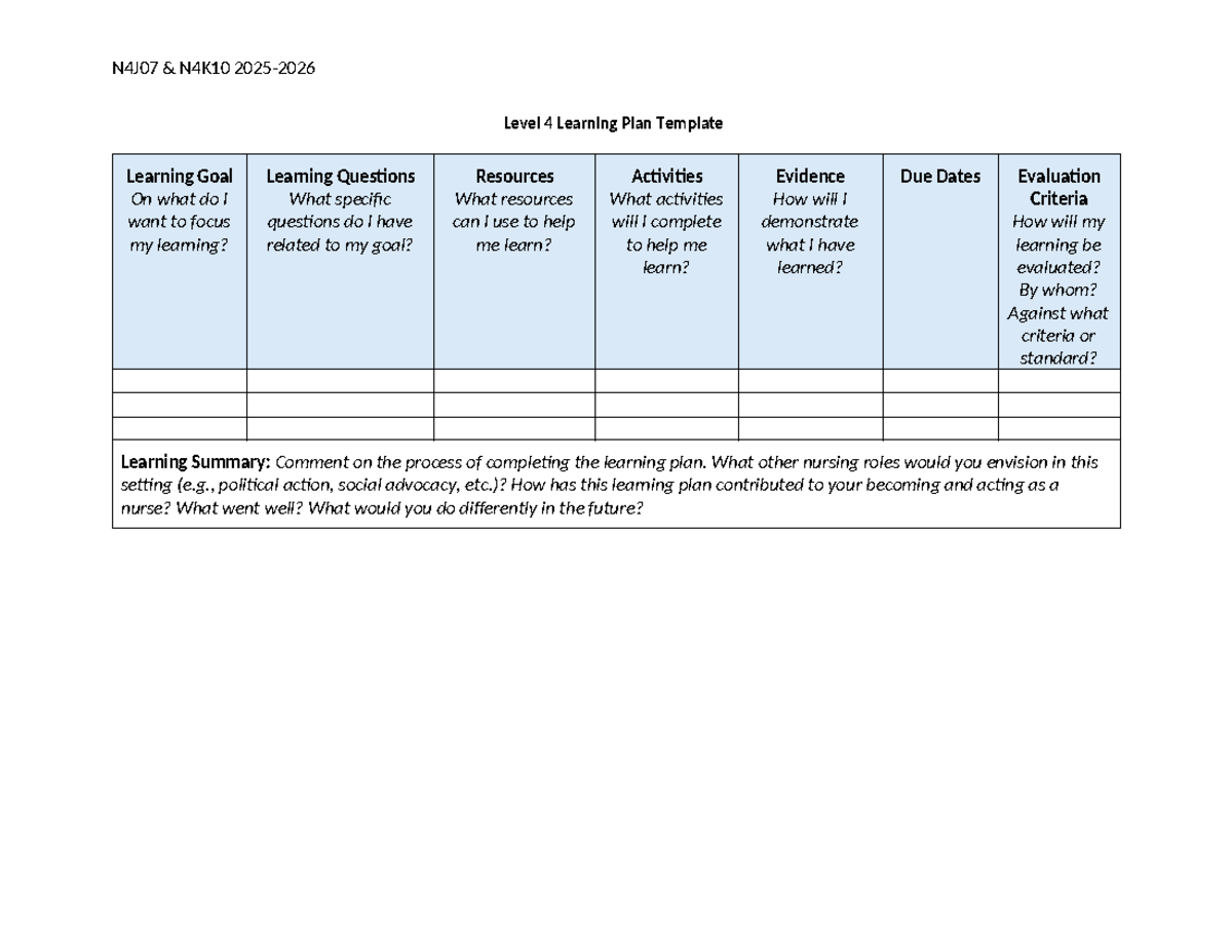 N4J07 N4K10 Level 4 Learning Plan: Goals, Questions & Evaluation - Studocu