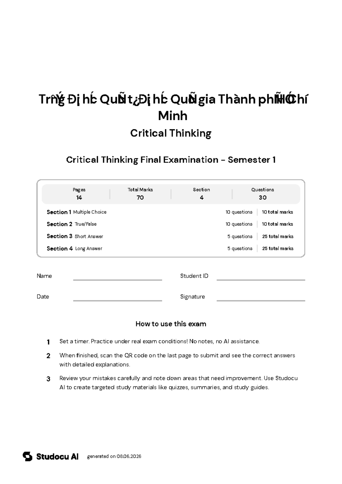 Critical Thinking Final Exam - Semester 1 (PE008IU) - Studocu
