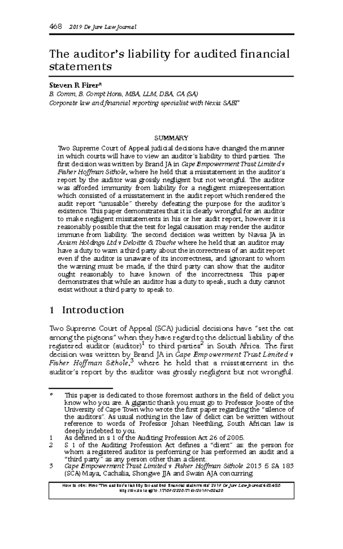 468 2019 De Jure Law Journal: Auditor's Liability for Financial ...