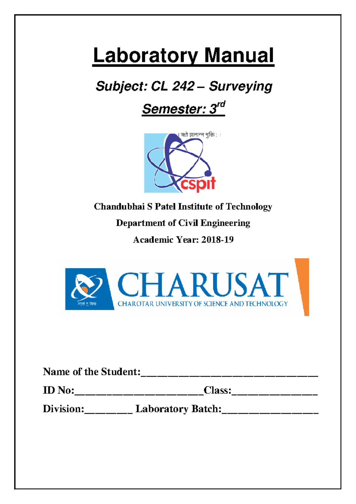 CL 242 Surveying Manual 18-19 - Laboratory Manual Subject: CL 242 ...