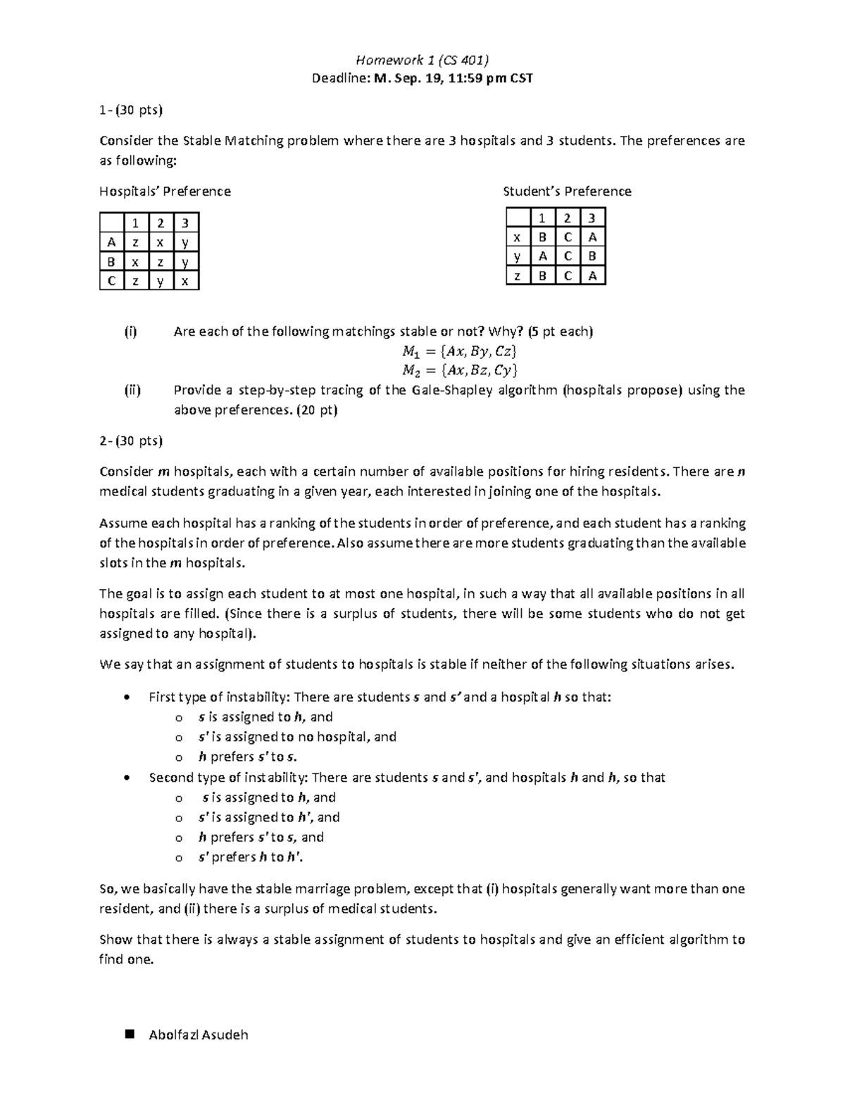 HW1 - Gale-Shapley Algorithm and Time Complexity Concepts (CS 401 ...