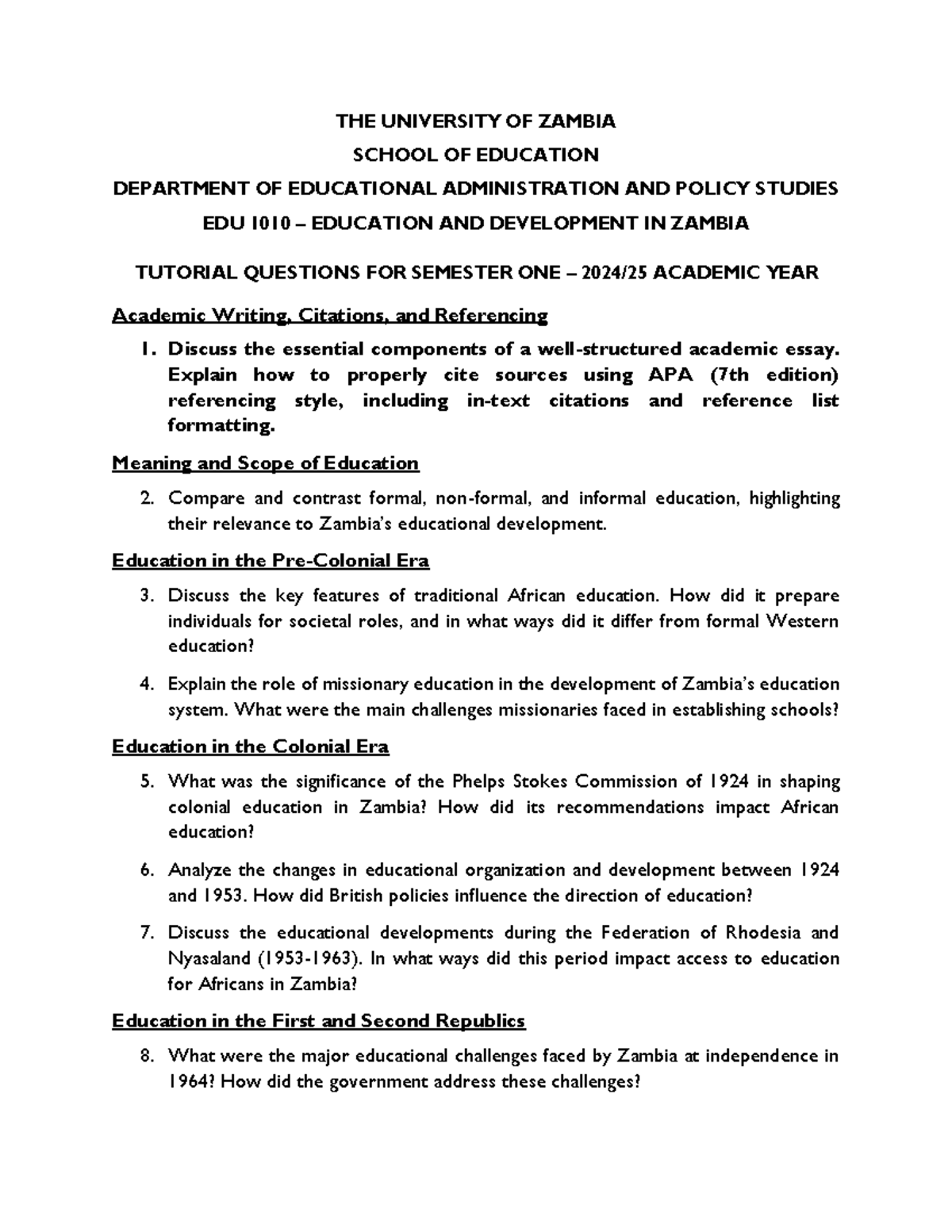 2025 EDU 1010 Tutorial Questions on Education & Development in Zambia ...