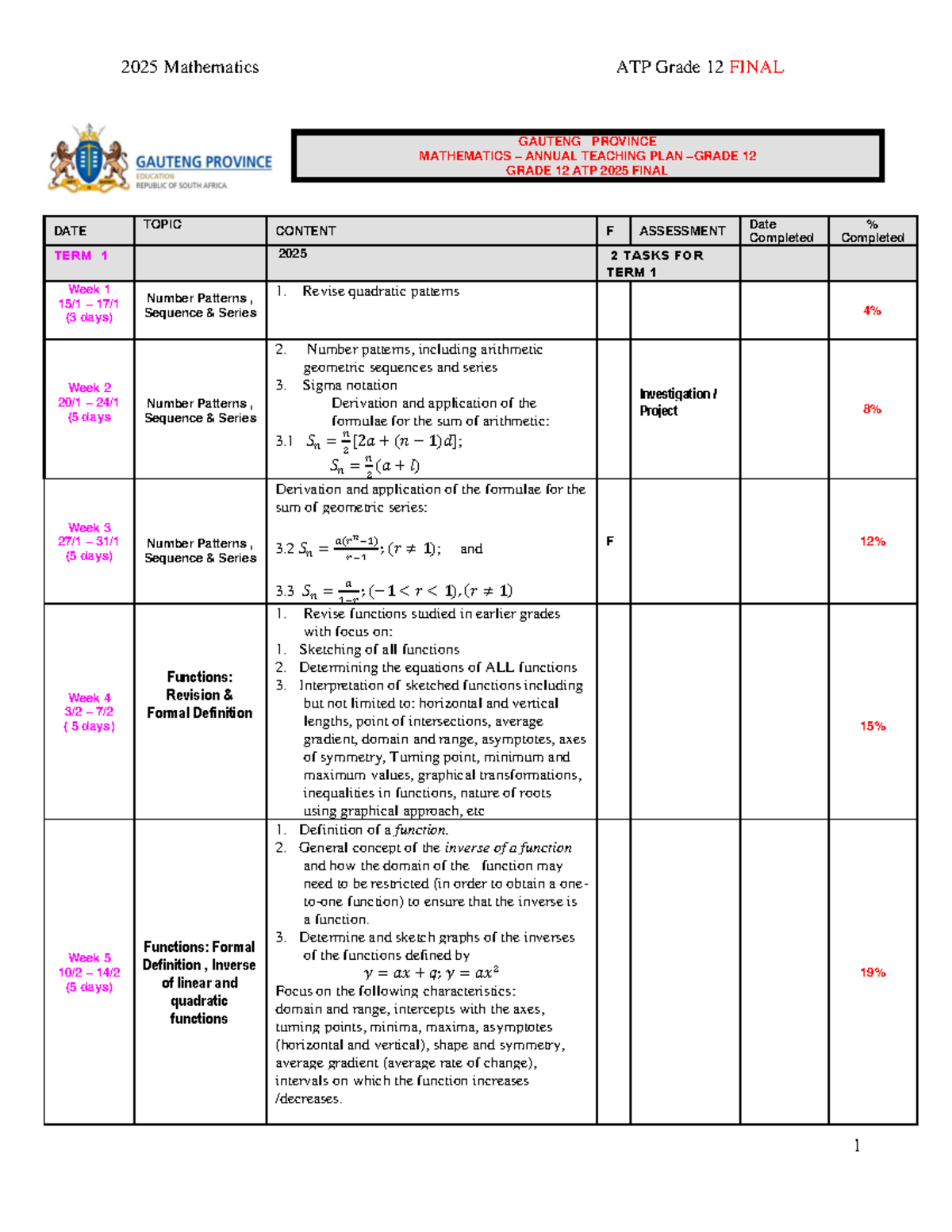 2025 Mathematics ATP Grade 12 FINAL: Comprehensive Teaching Plan - Studocu
