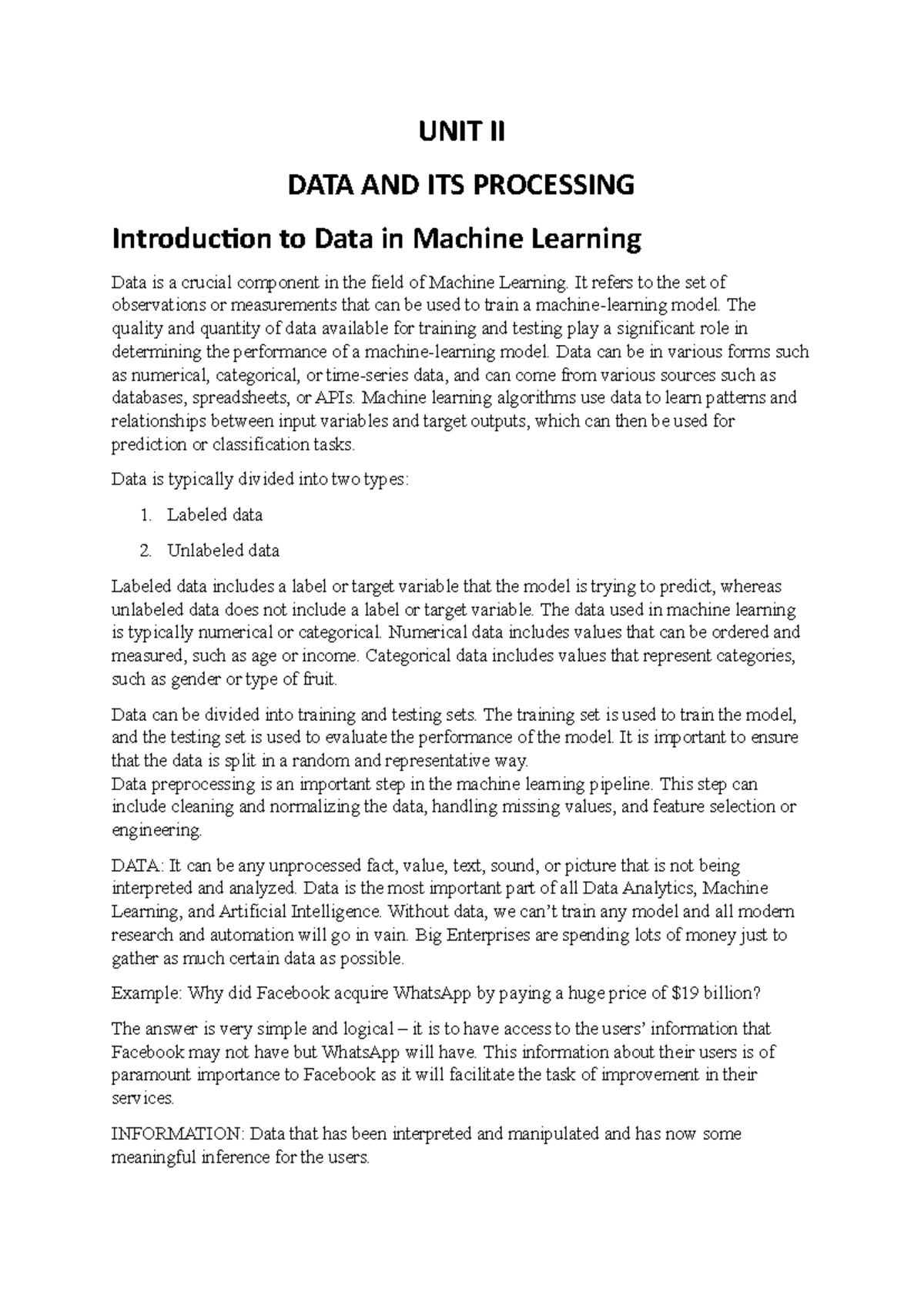 ML UNIT II - Lesson on Data Processing in Machine Learning - Studocu