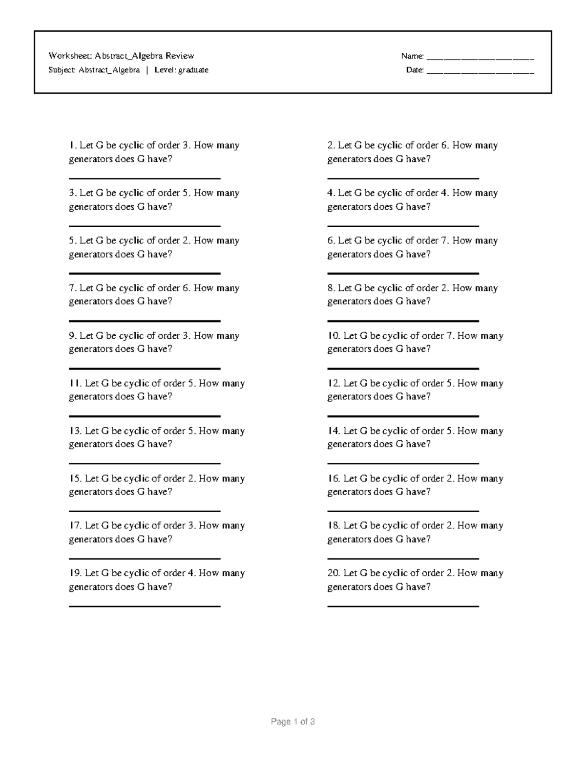 Abstract Algebra Review Worksheet: Graduate Level - Studocu