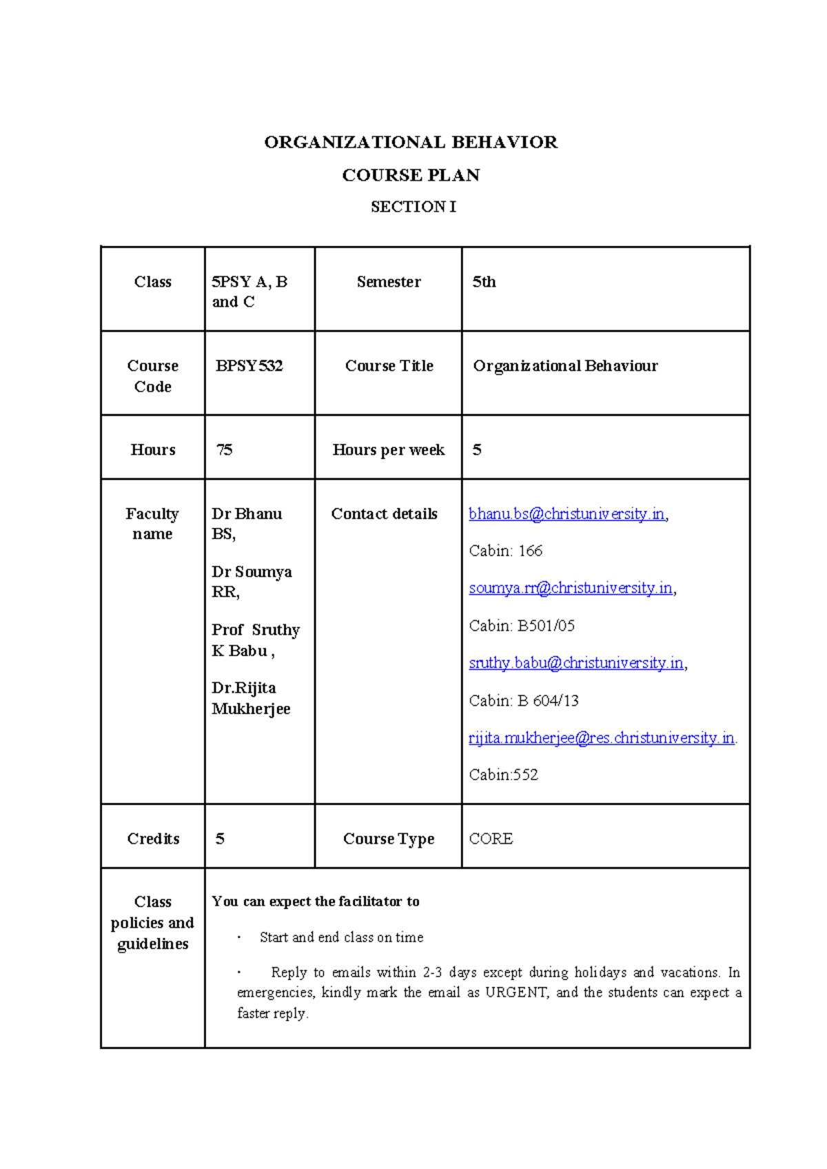 OB Courseplan 2024 - The course plan - ORGANIZATIONAL BEHAVIOR COURSE ...