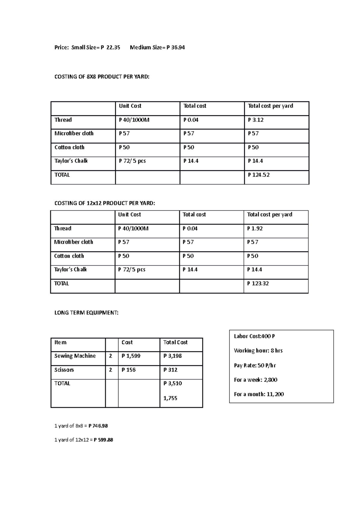 Entrep- Costing Analysis for 8x8 and 12x12 Products - Studocu