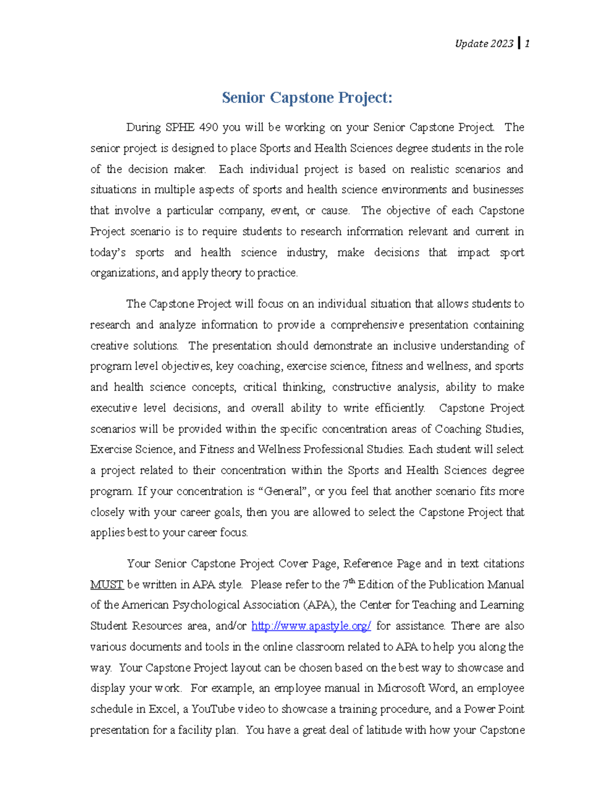 SPHE 490 Senior Capstone Project Instructions & Guidelines 2023 - Studocu