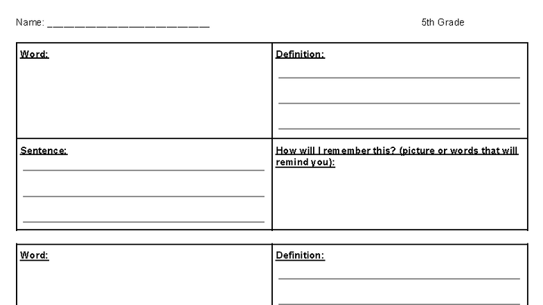 5th Grade Vocabulary: Frayer Model Template for Learning - Studocu